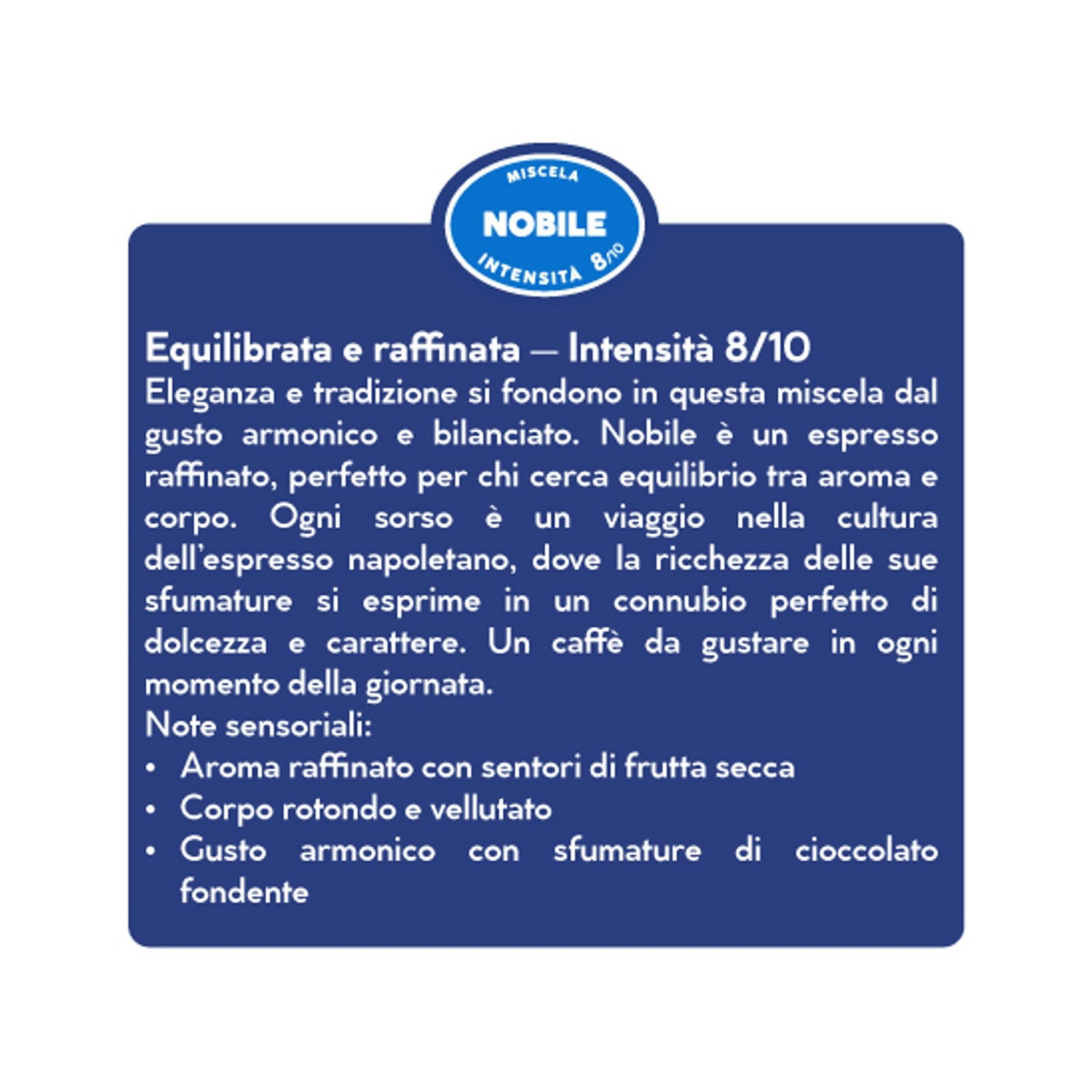 Descrizione confezione caffè: Miscela Nobile, intensità 8/10.