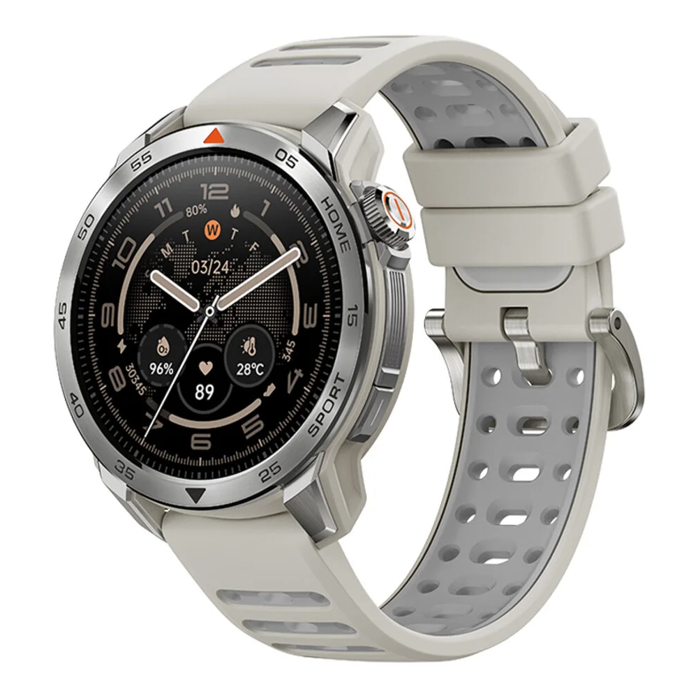 Uno smartwatch grigio con quadrante argentato e cinturino bianco.