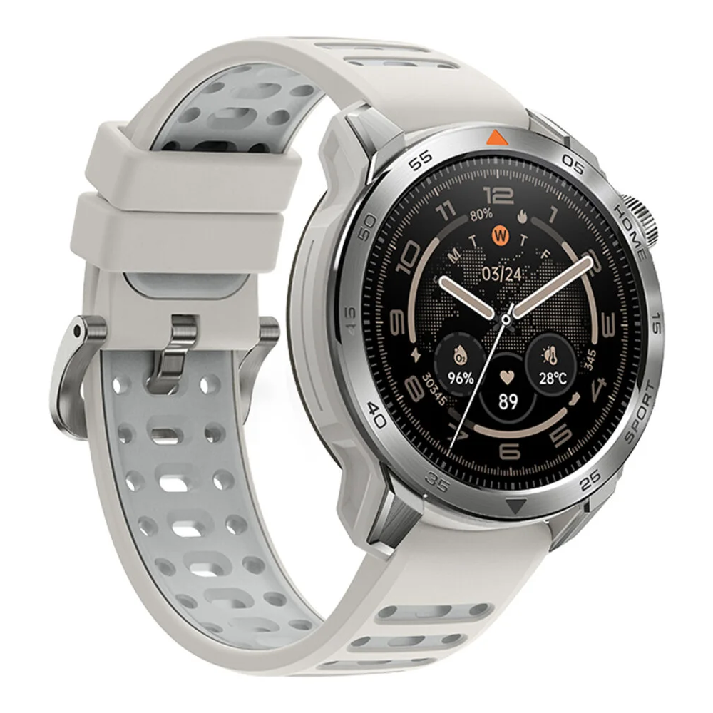 Smartwatch argentato con cinturino bianco e quadrante nero che mostra dati FC.
