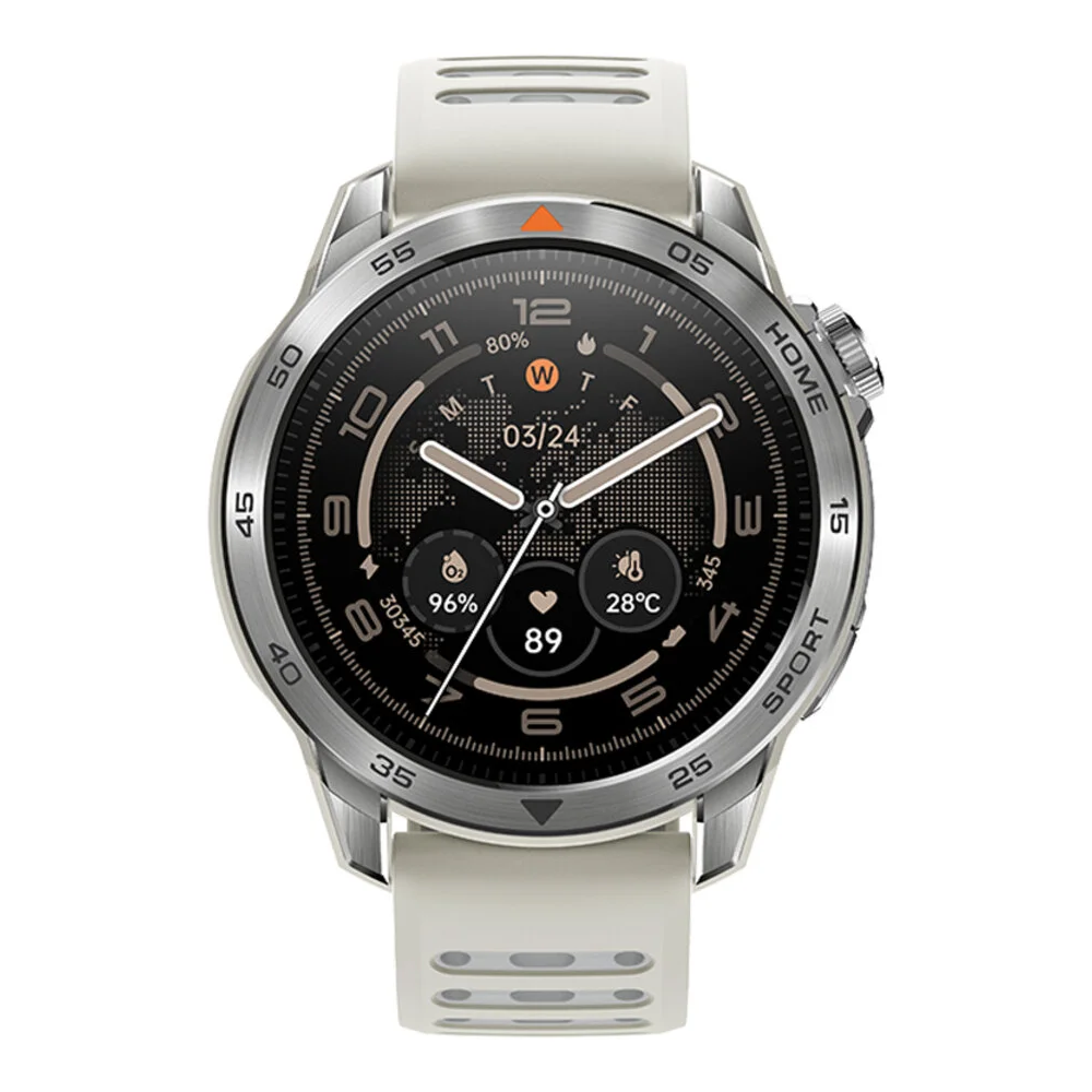 Smartwatch argentato con cinturino bianco. Il quadrante mostra 80% batteria, 28°C, 96% O2.