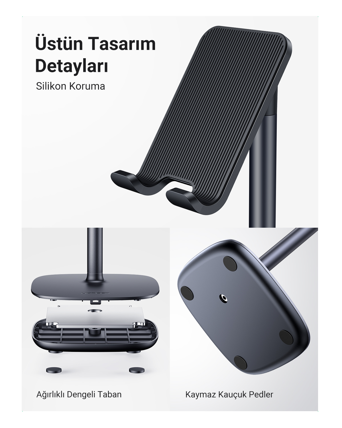 Silikon korumalı, ağırlıklı tabanlı siyah telefon standı.