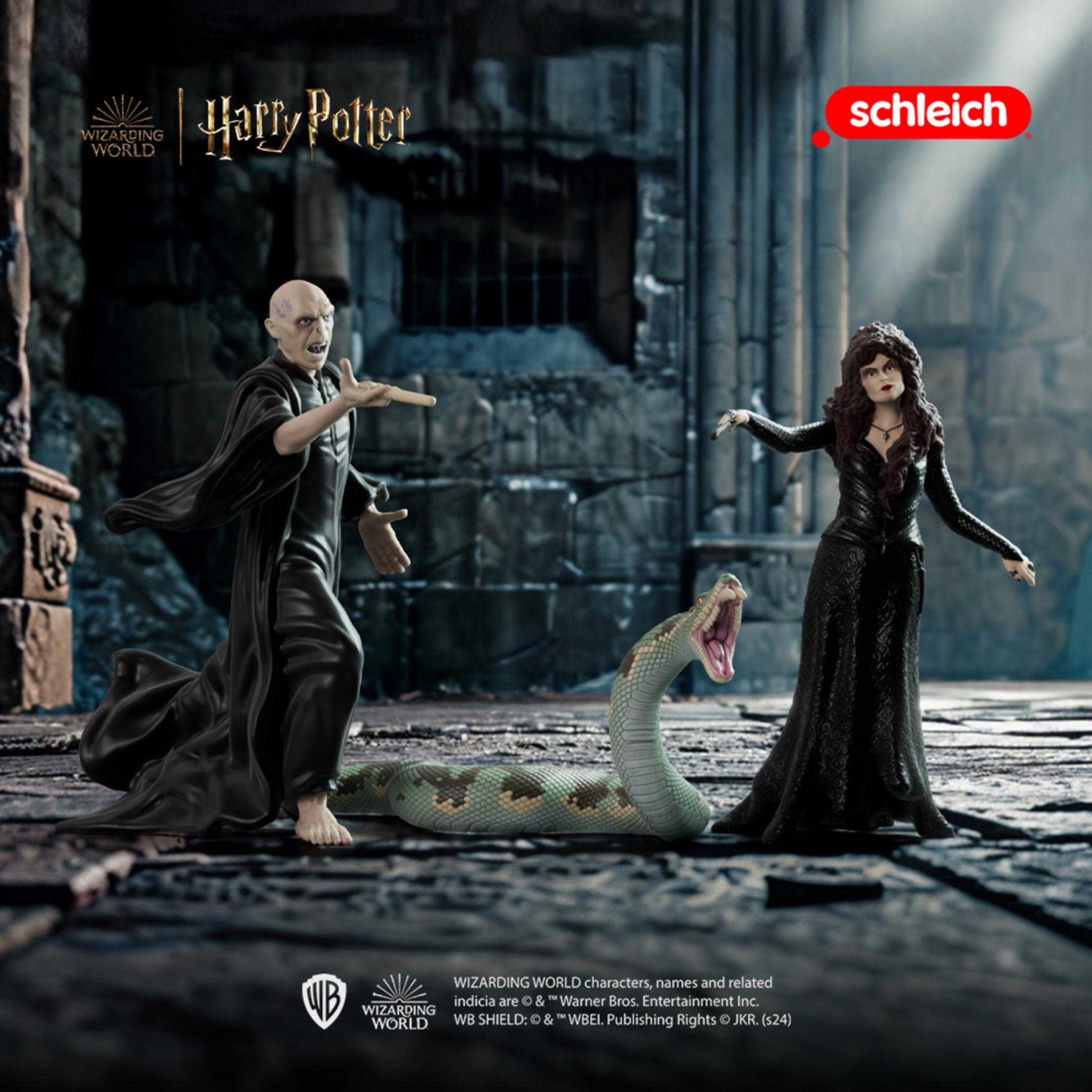 Voldemort, Bellatrix e Nagini il serpente stanno in un castello oscuro.