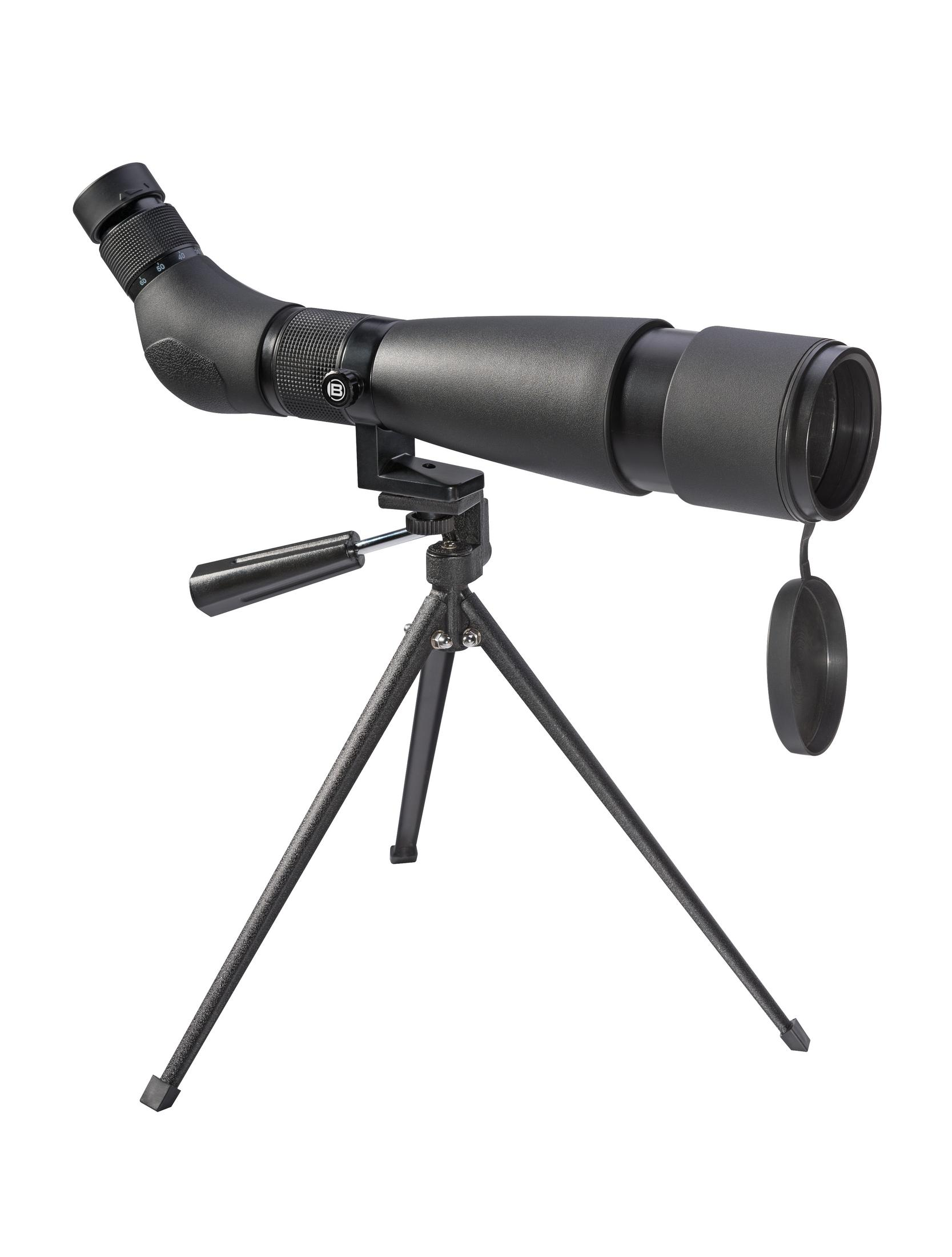 Un telescopio terrestre negro montado en un trípode sobre fondo blanco.