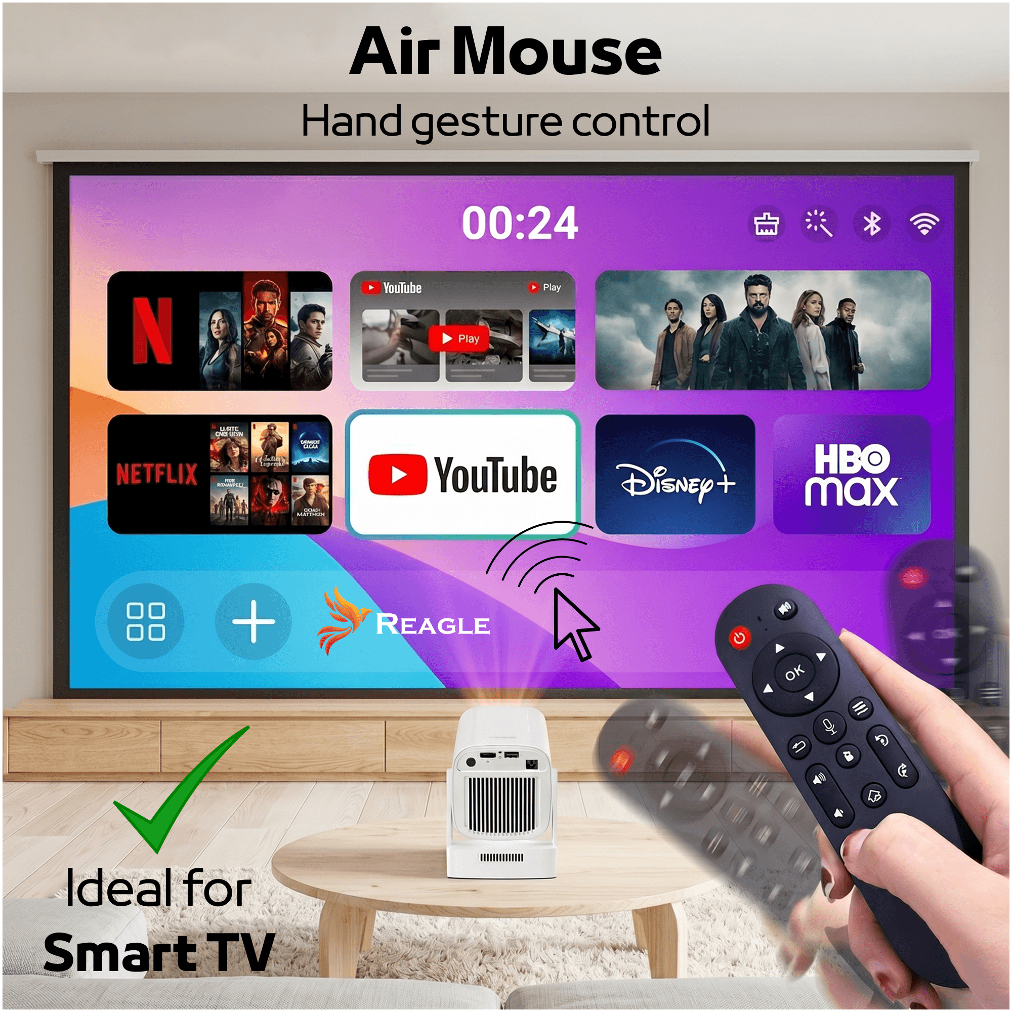 Air Mouse z pilotem wyświetla aplikacje streamingowe na ekranie projekcyjnym.