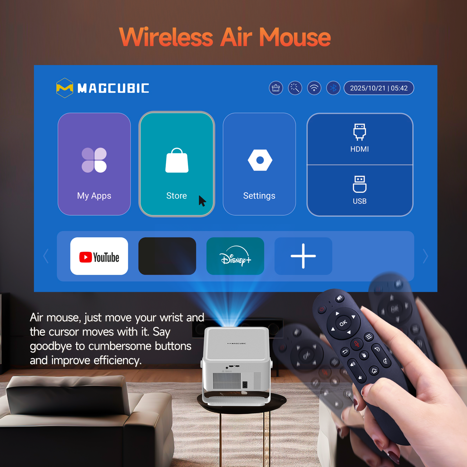 Ekran projektora pokazuje aplikacje, np. YouTube i Disney+. Piloty Air Mouse na pierwszym planie.