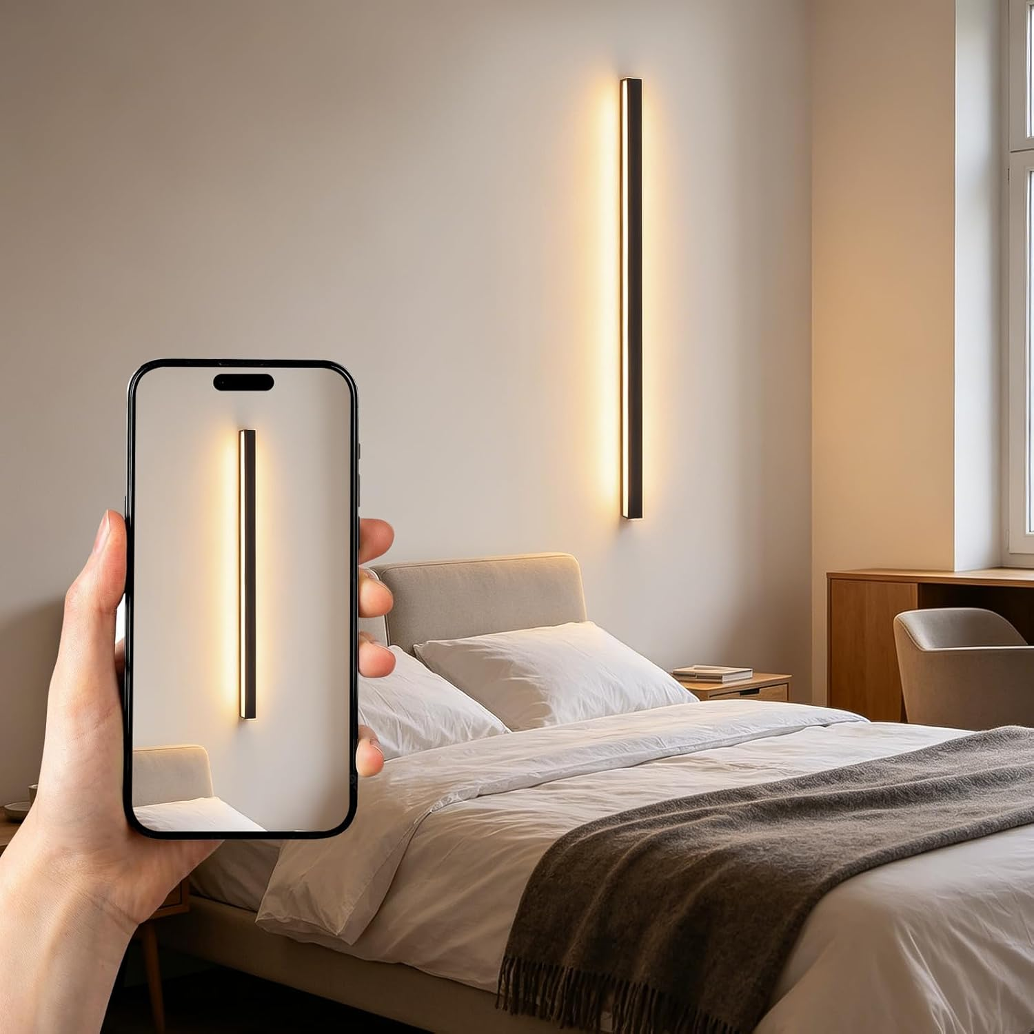 Telefono mostra lampada moderna da camera. Letto con biancheria bianca e coperta marrone.