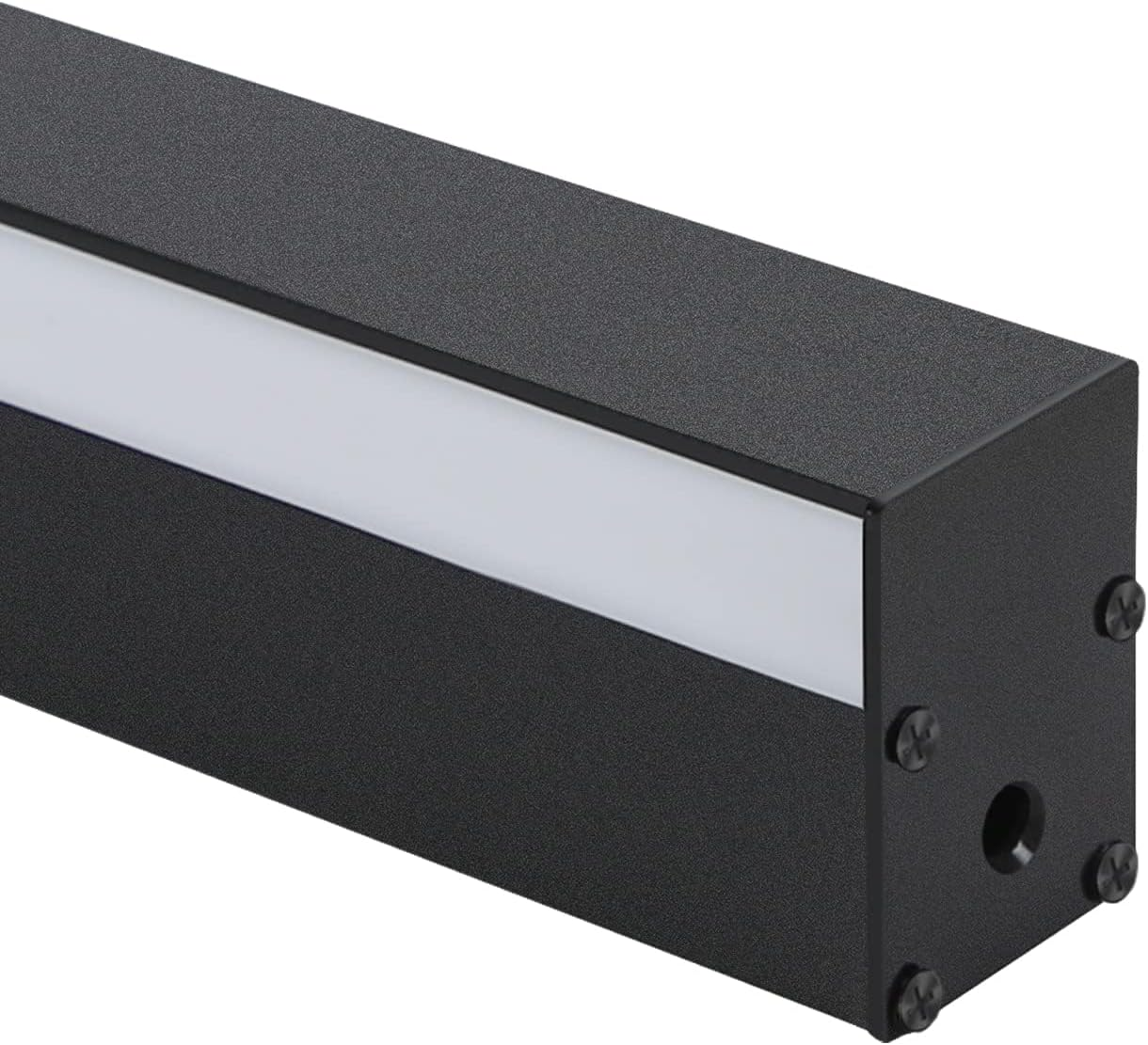 Una barra luminosa LED rettangolare nera con una striscia luminosa bianca.