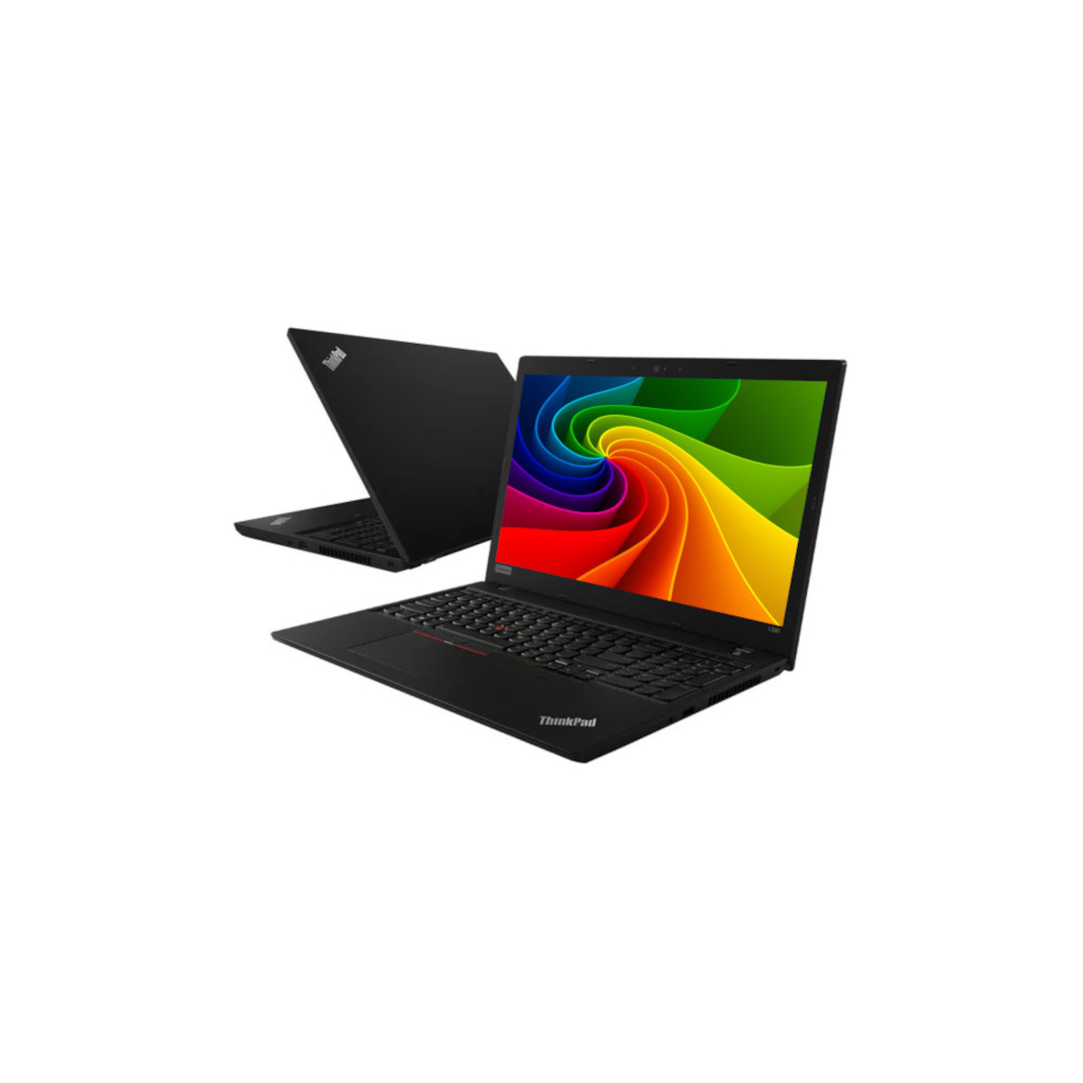 Zwei schwarze ThinkPad-Laptops, einer geöffnet mit Regenbogenwirbel-Bildschirm, einer geschlossen.