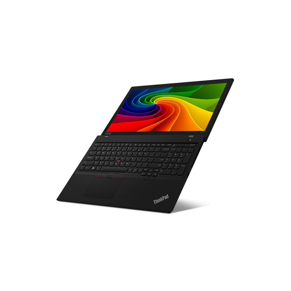Schwarzer Laptop mit farbenfrohem Hintergrundbild auf dem Bildschirm.