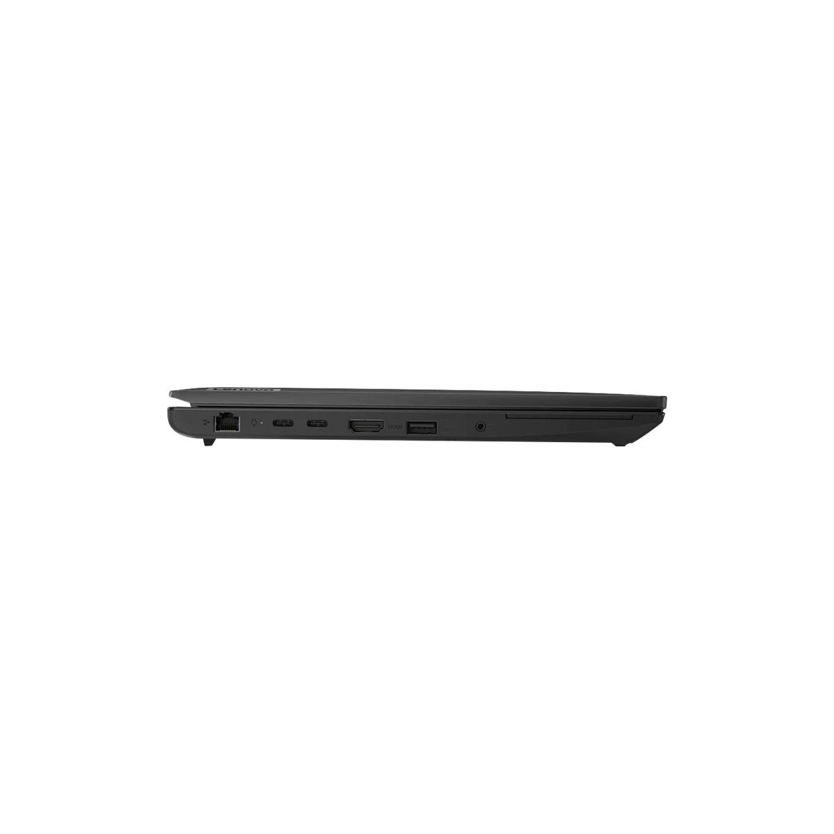 Seitenansicht eines geschlossenen schwarzen Lenovo Laptops mit Anschlüssen: USB-C, HDMI, USB-A.