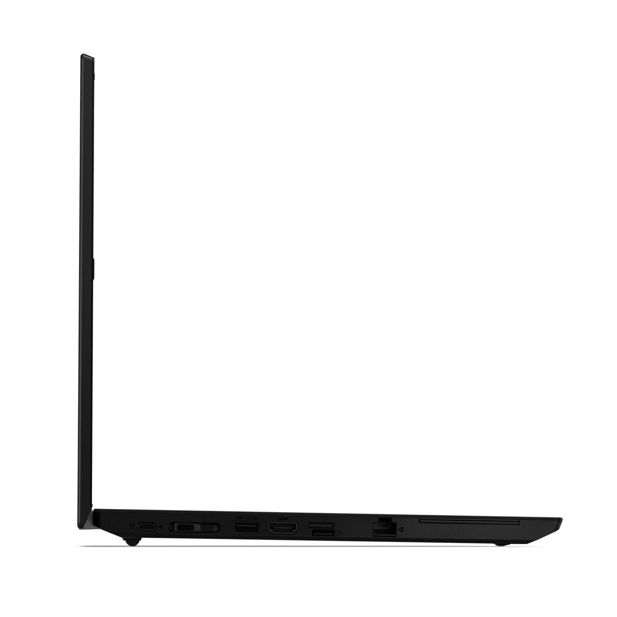 Seitenansicht eines schwarzen Laptops mit Anschlüssen an der Seite.