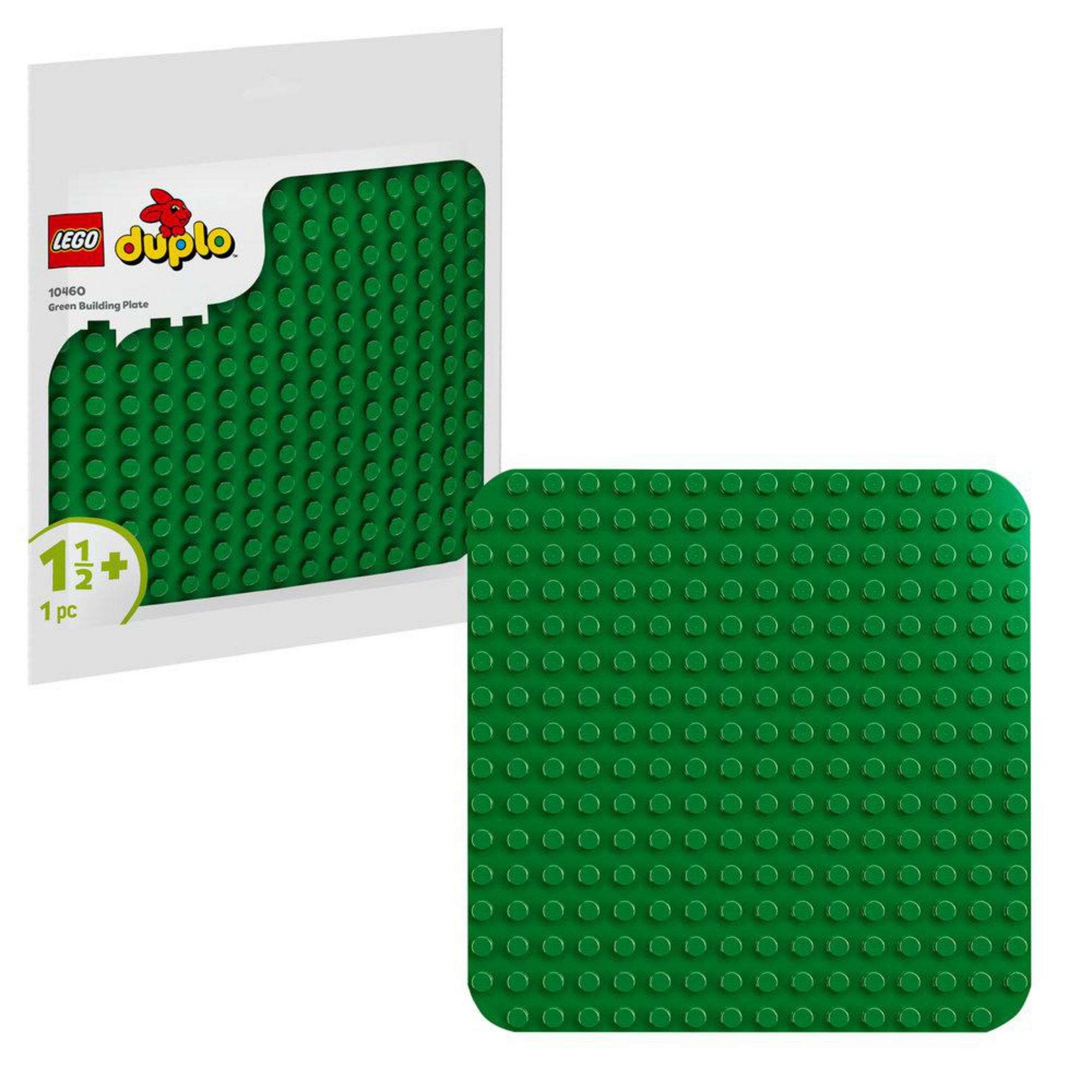 Base da costruzione Duplo verde con bottoncini, accanto alla confezione.