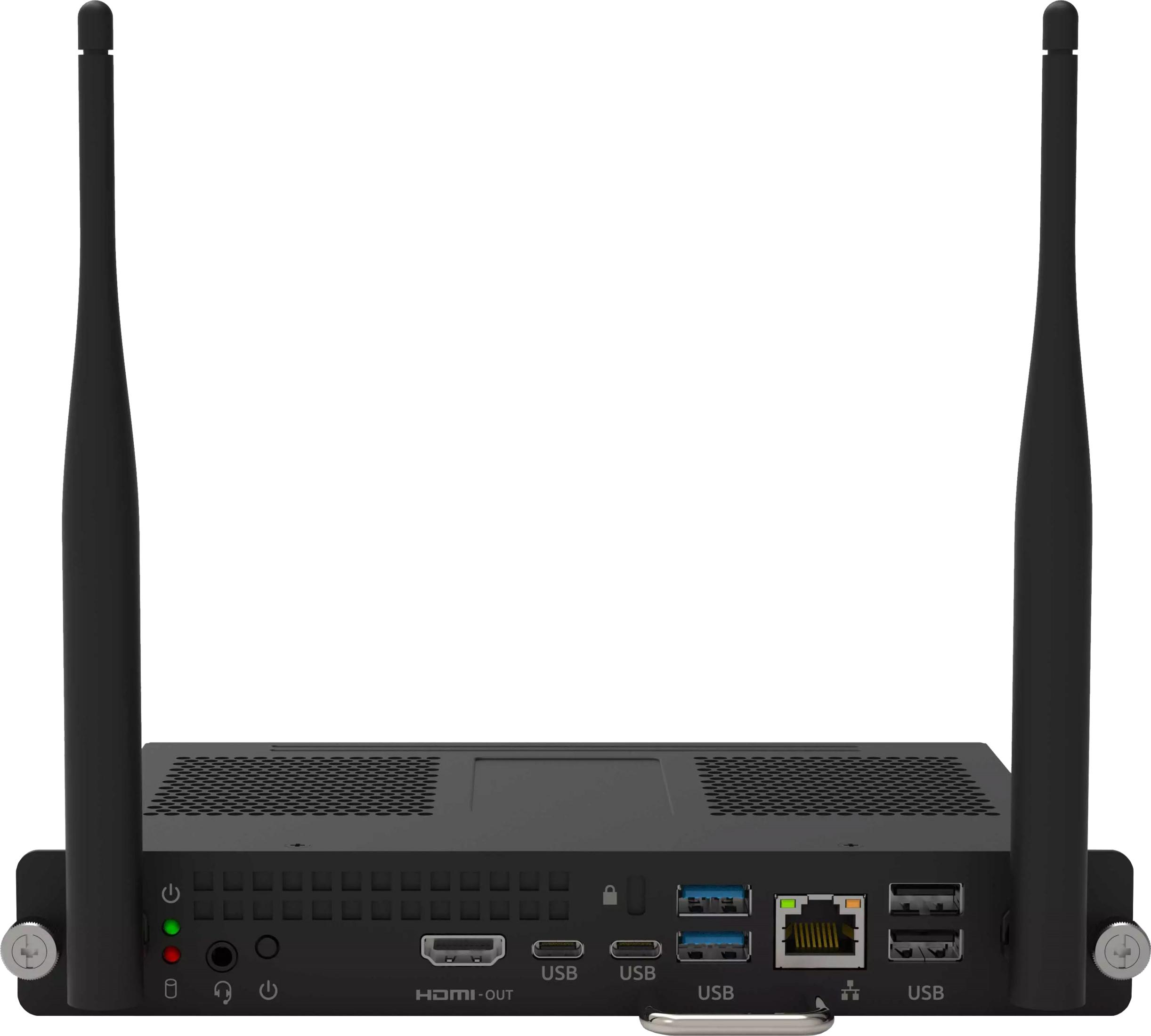Scatola nera per mini PC con due antenne, porte e spie luminose.