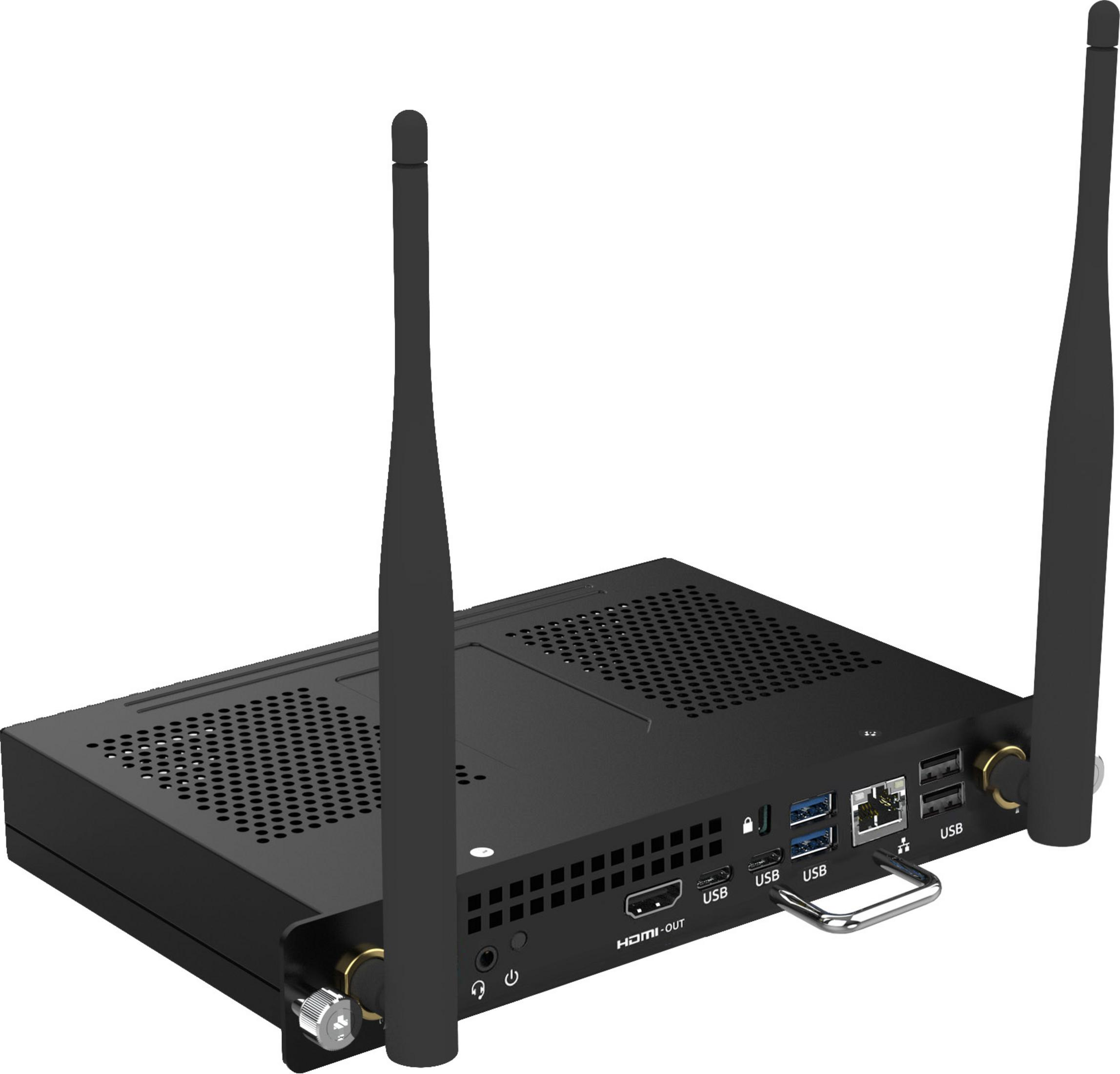 Un mini PC nero con due antenne e più porte.