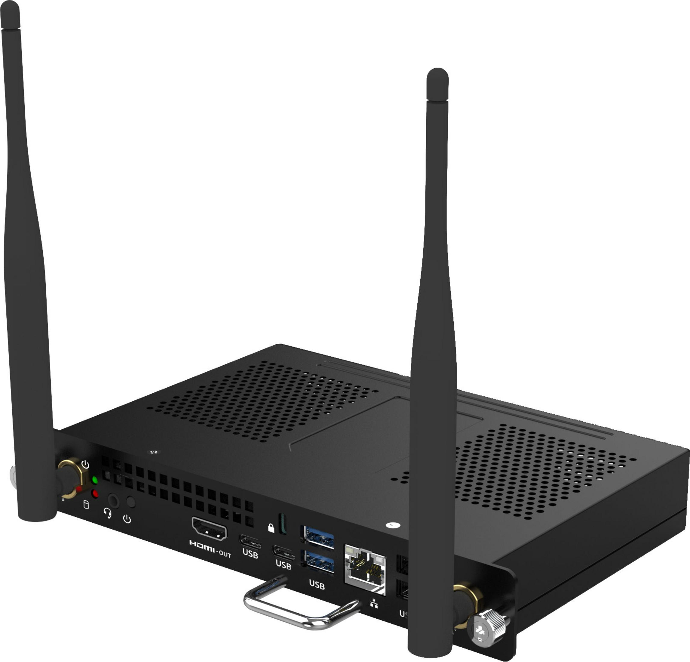 Mini PC nero con due antenne, porte HDMI e USB.