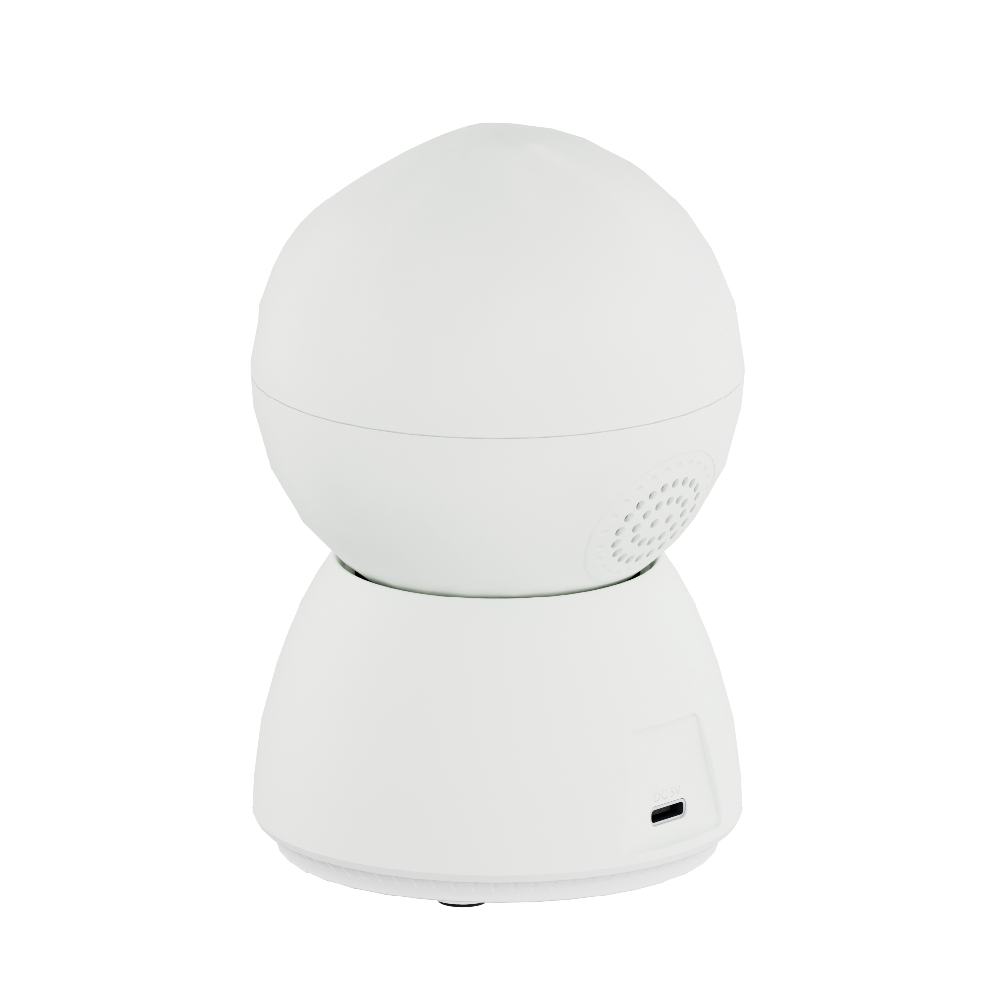 Un monitor di sicurezza bianco e sferico con altoparlante e porta USB.