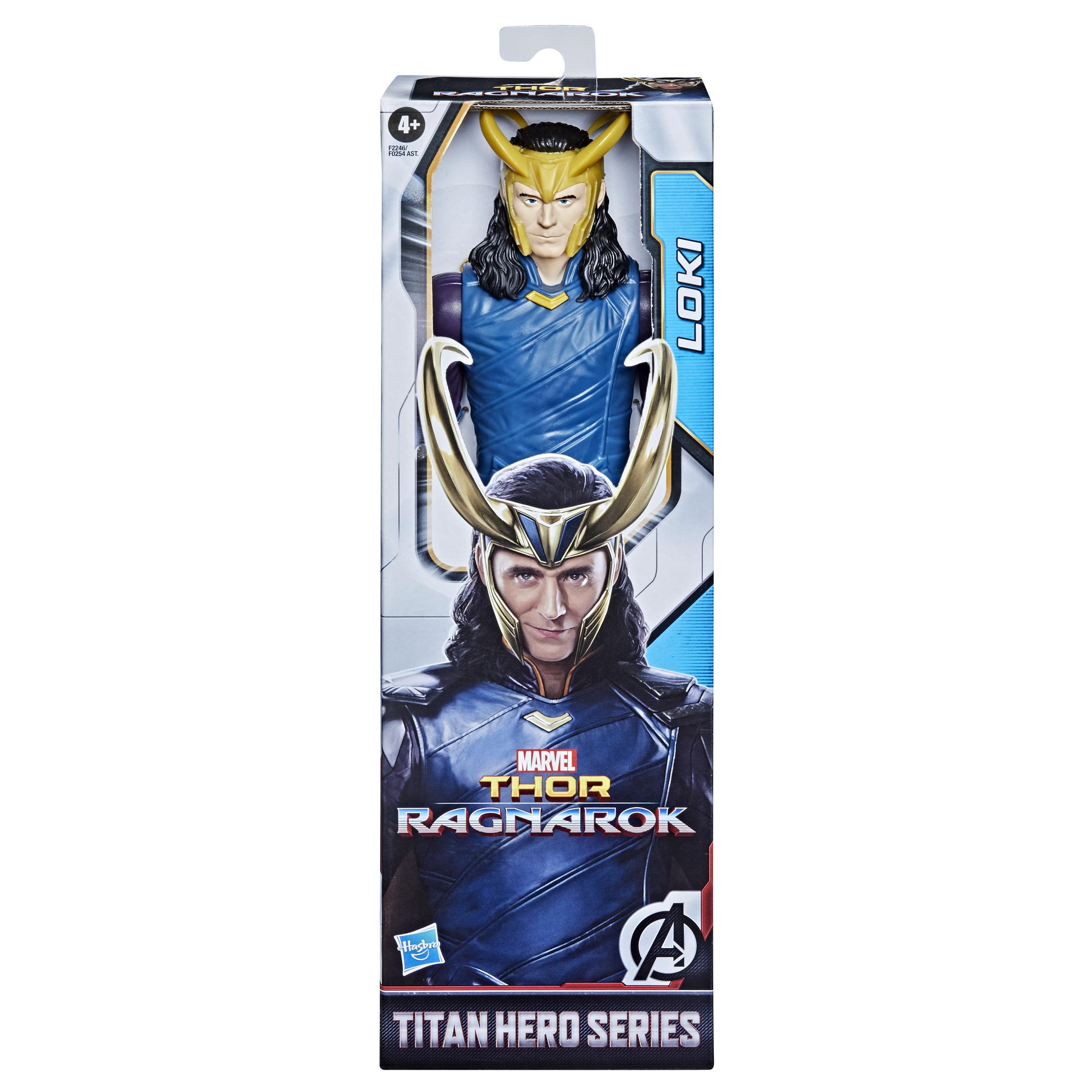 Action figure di Loki nella scatola Thor Ragnarok Titan Hero Series. Età 4+.