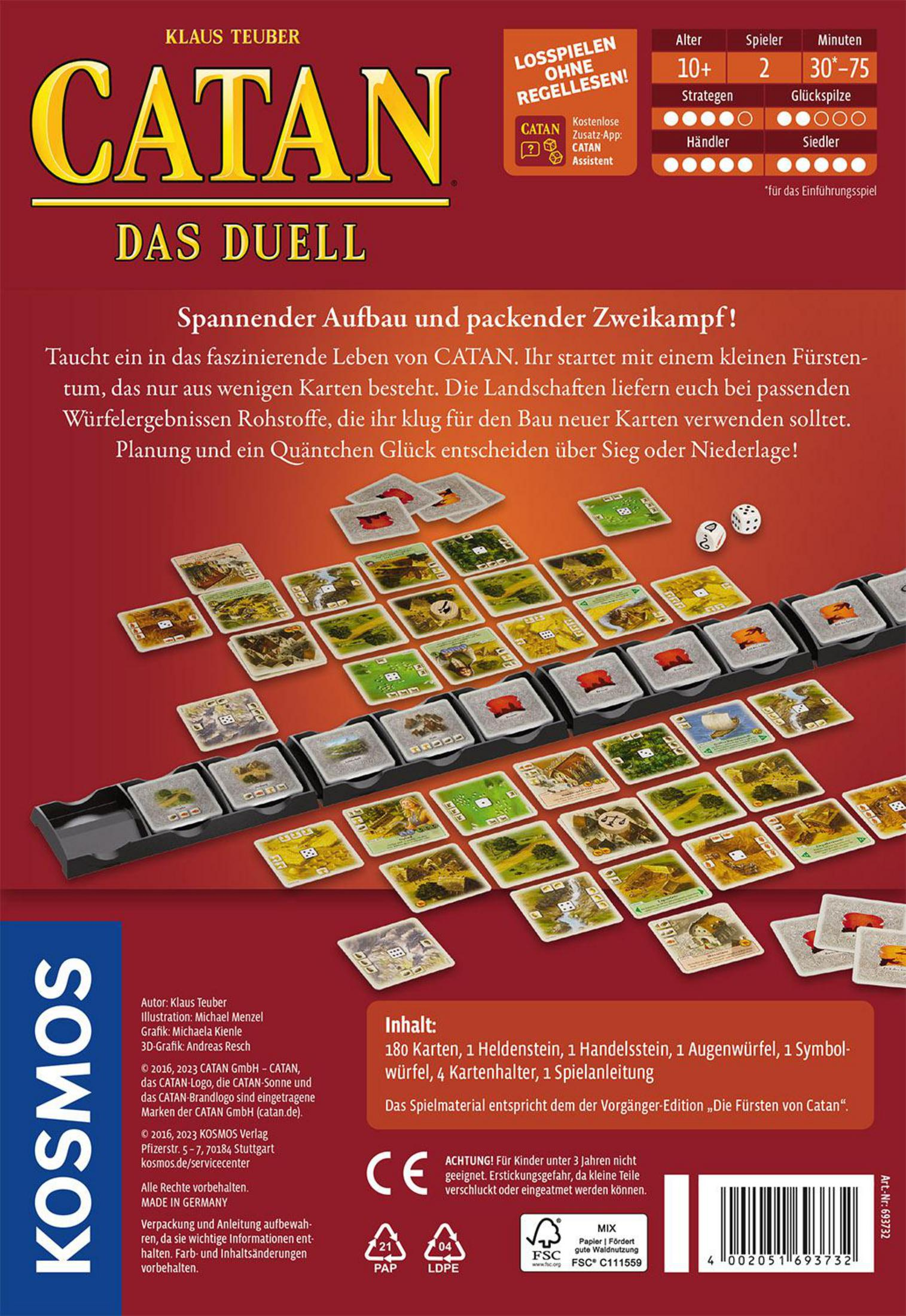 Jeu de société CATAN : Le Duel avec cartes de jeu, dés et supports.