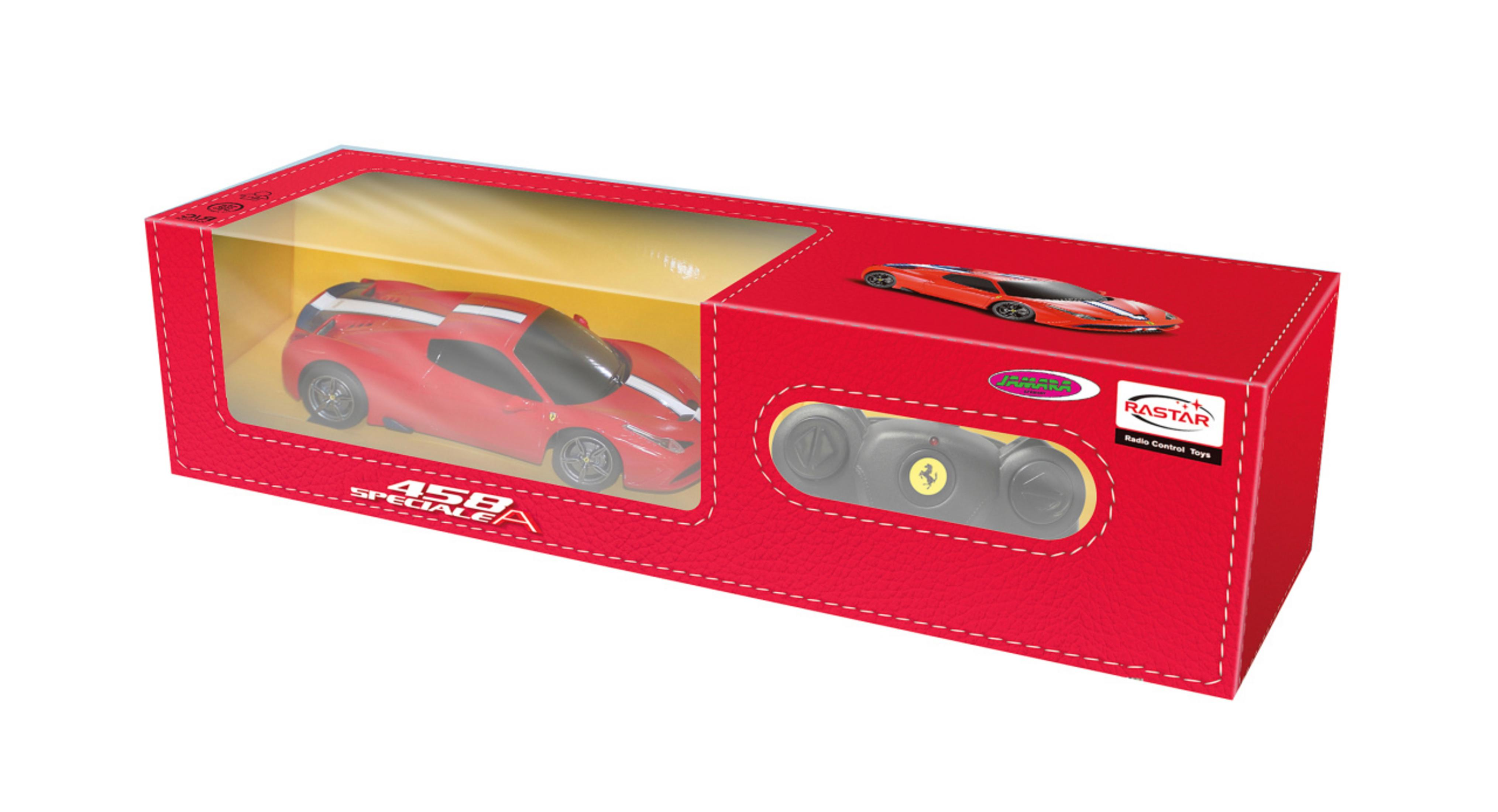 Rote Ferrarikonsole mit Spielzeugauto und Fernbedienung.