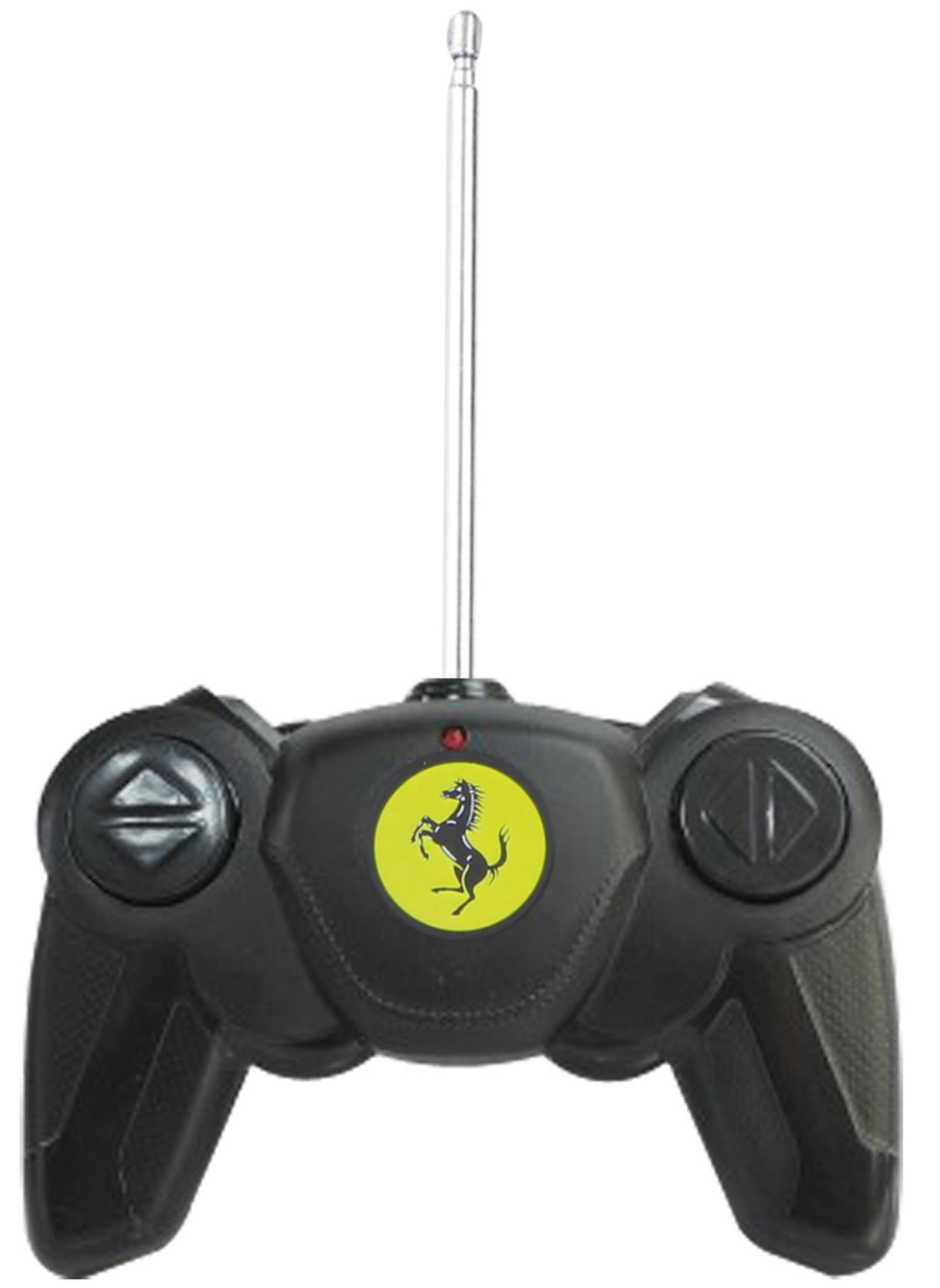 Ein schwarzer ferngesteuerter Auto-Controller mit gelbem Ferrari-Logo und Antenne.