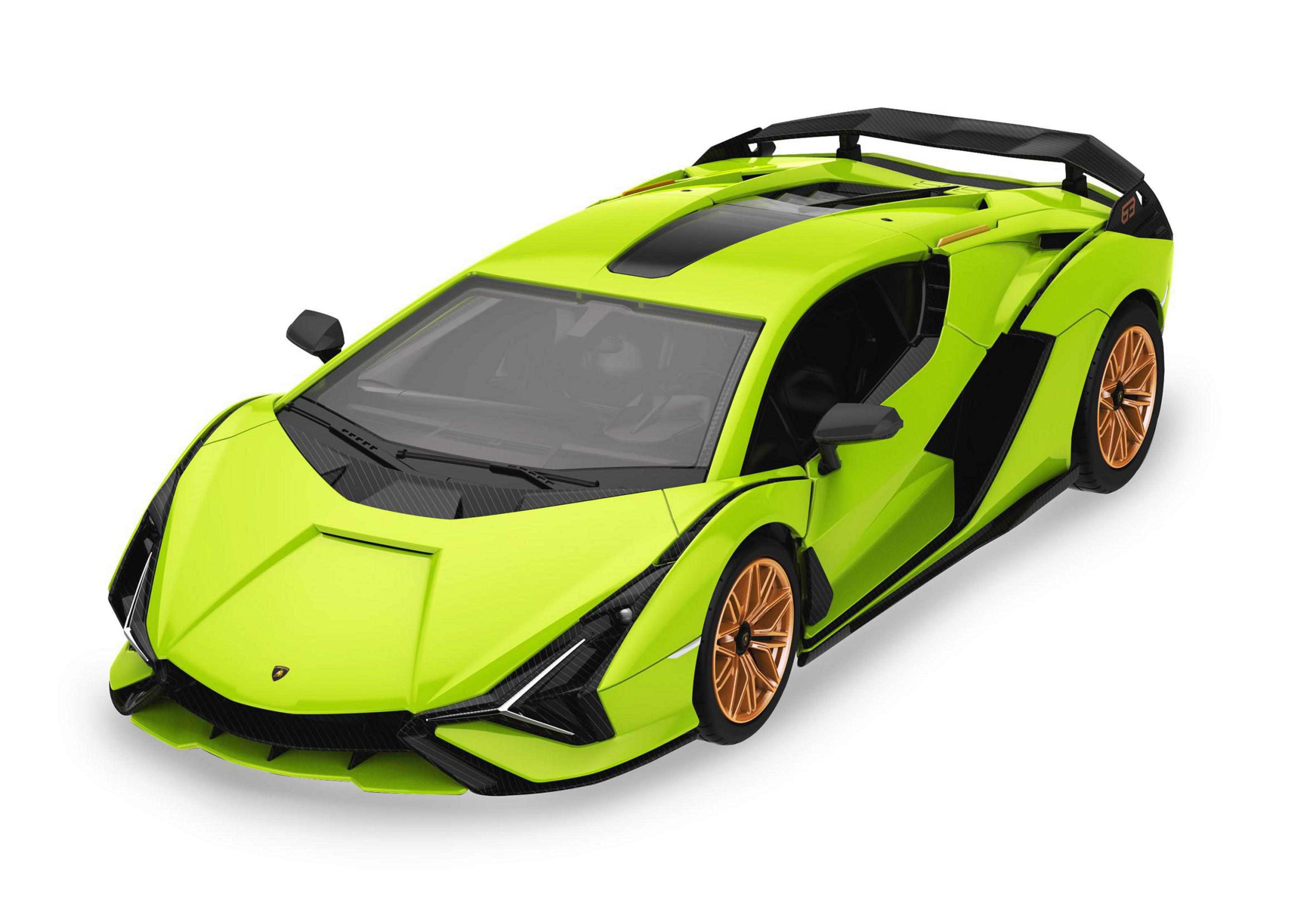 Ein leuchtend grüner Sportwagen mit goldenen Felgen und einem Carbon-Spoiler.