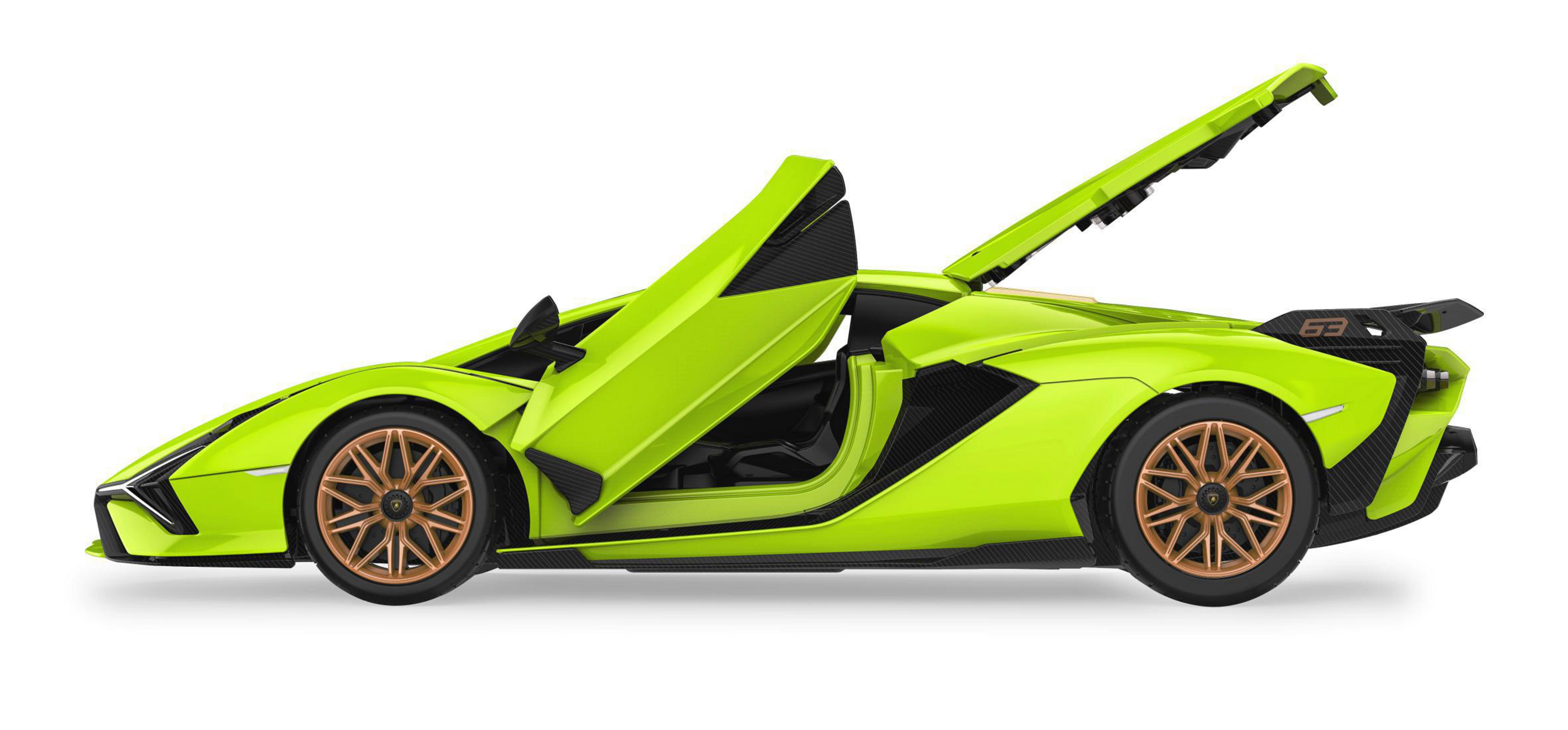 Ein neongrüner Supersportwagen mit geöffneten Flügeltüren und kupferfarbenen Felgen.