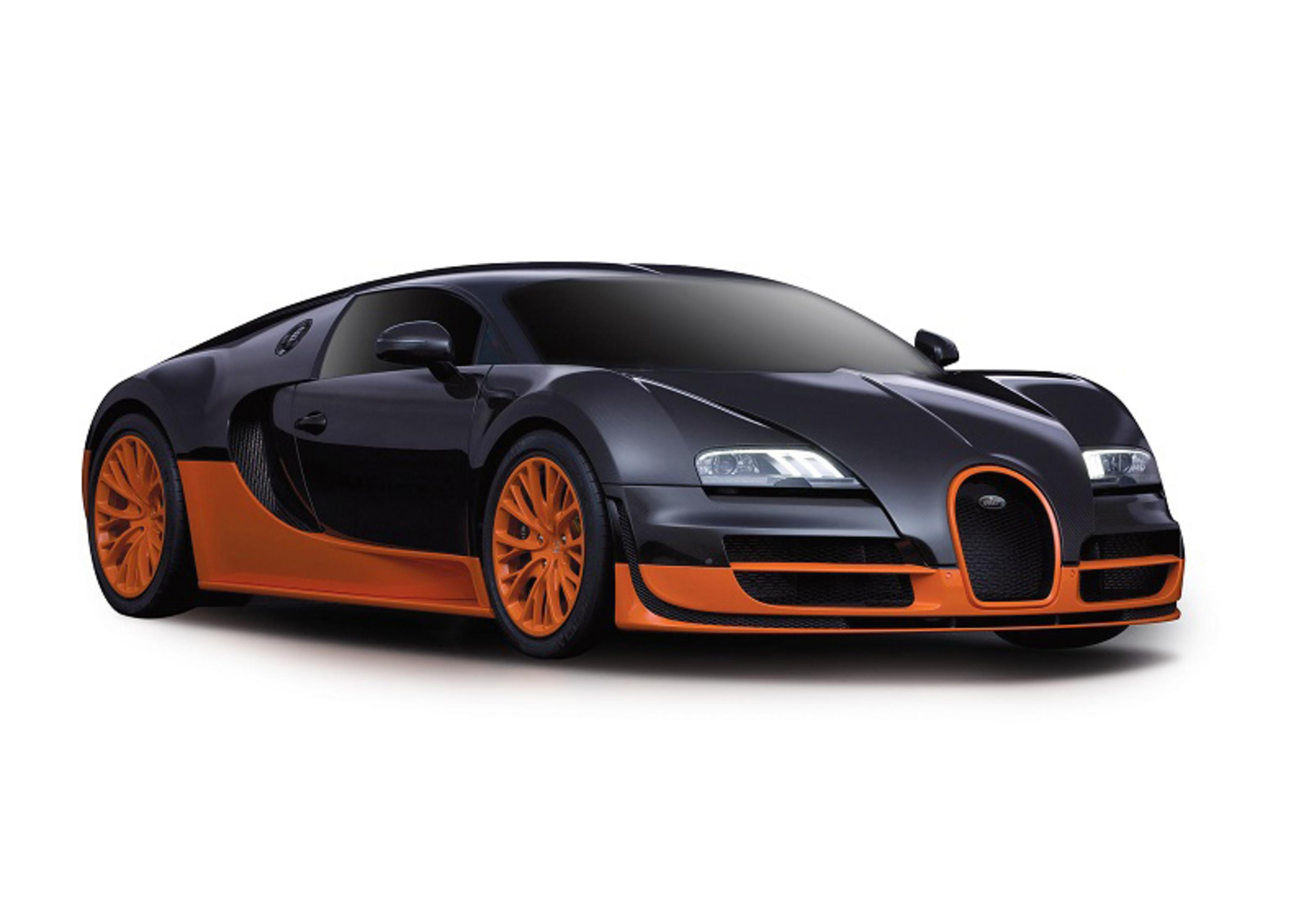 Ein schwarzer Bugatti Veyron mit orangefarbenen Akzenten und Felgen.