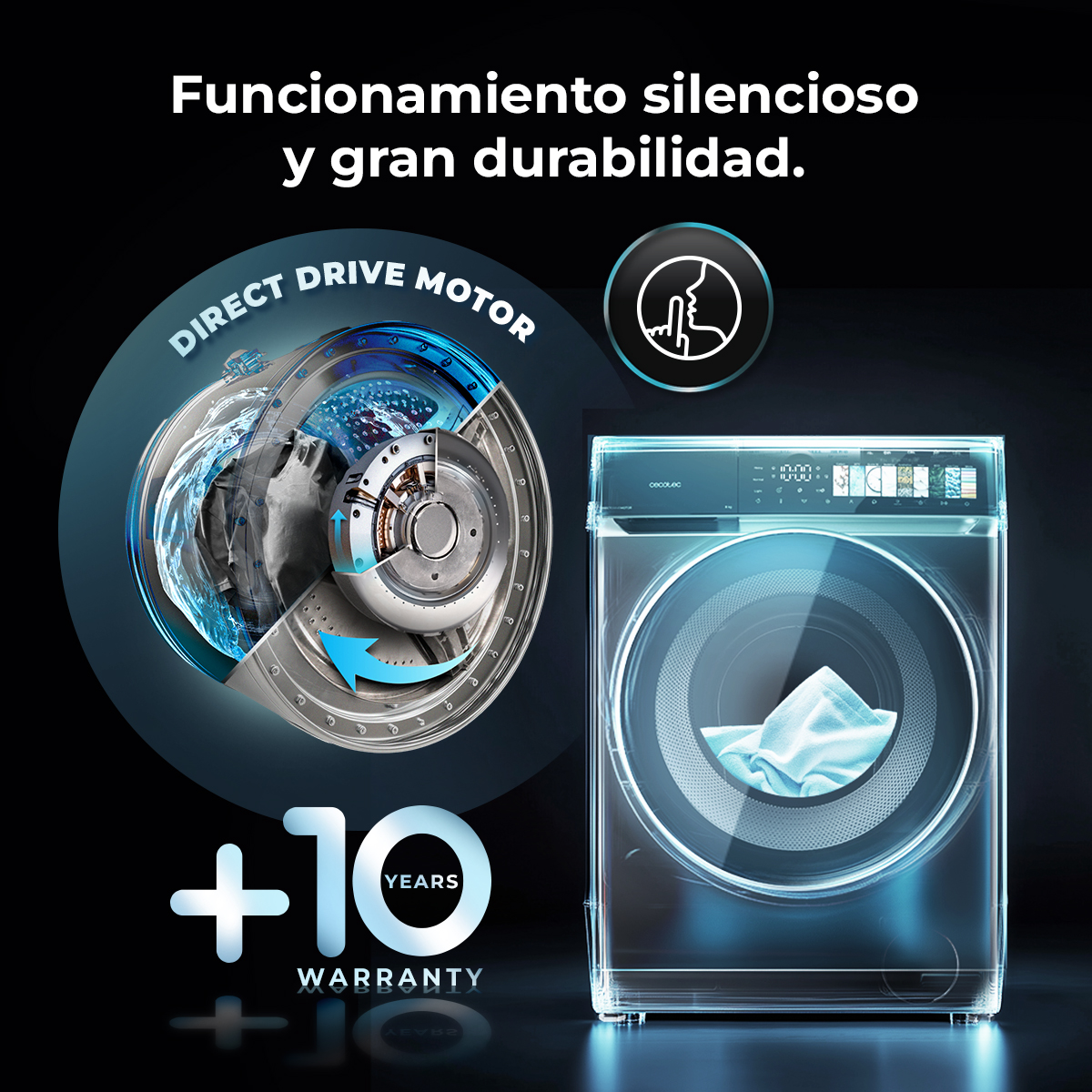 Lavadora con motor de transmisión directa, 10 años de garantía.