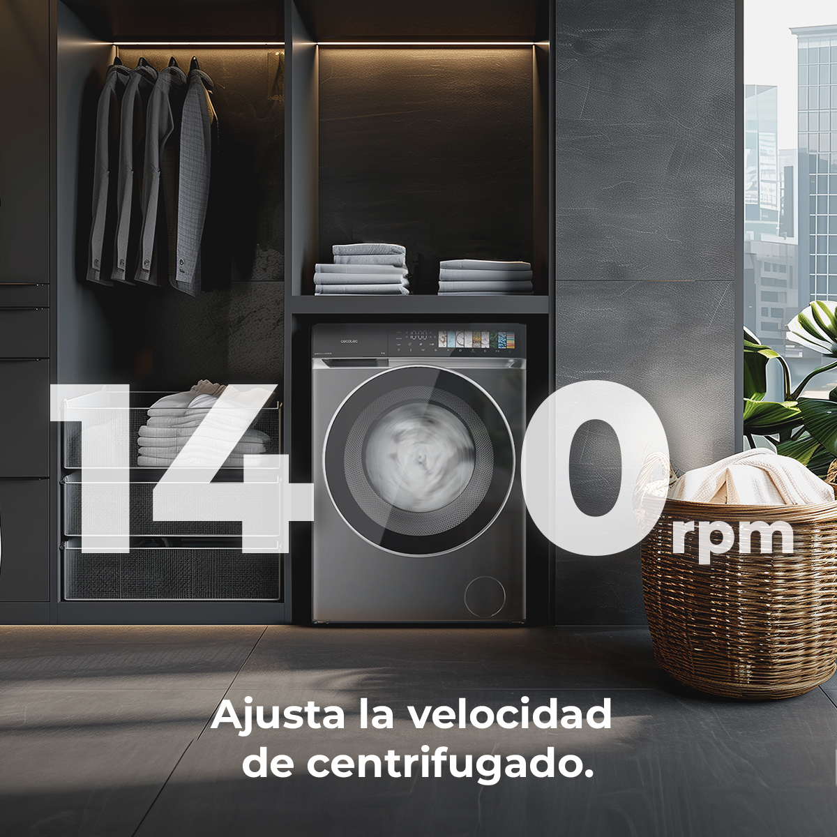 Lavadora moderna de 1400 rpm, ropa en armario, cesta con lavandería.