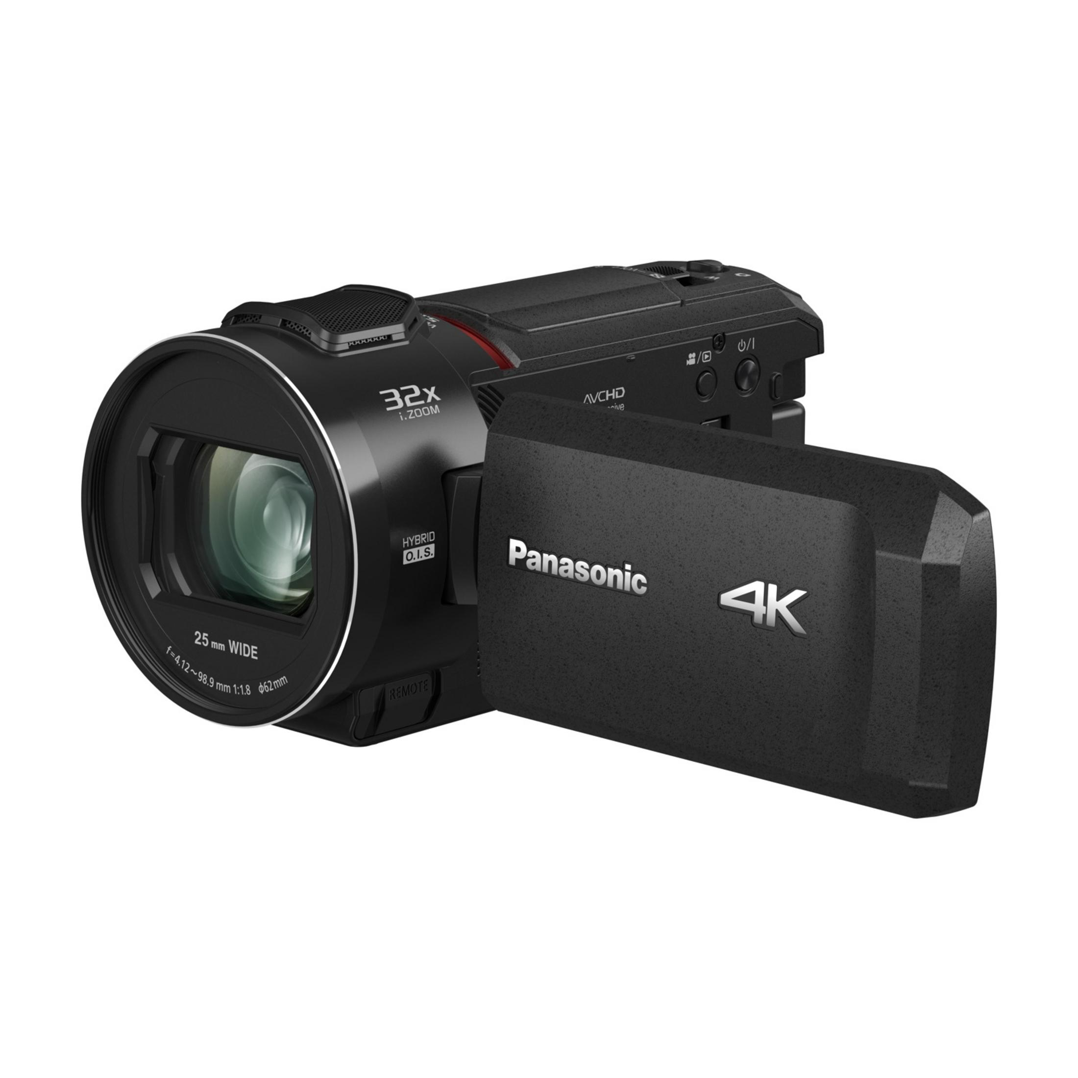 Schwarzer Panasonic Camcorder mit 32x Zoom und 4K-Aufnahme, Display offen.