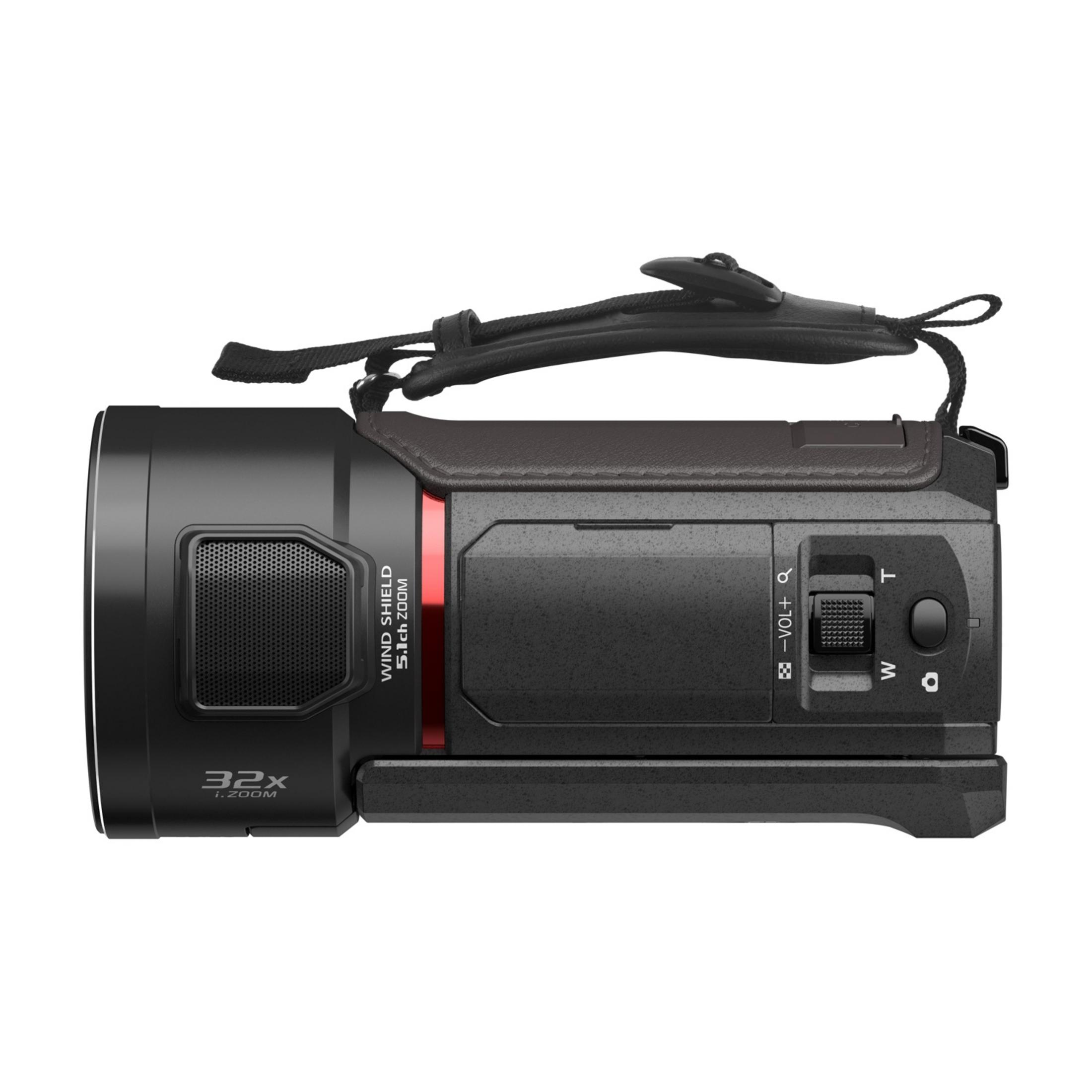 Schwarzer Camcorder mit 32x Zoom, Tragegurt und Bedienelementen.