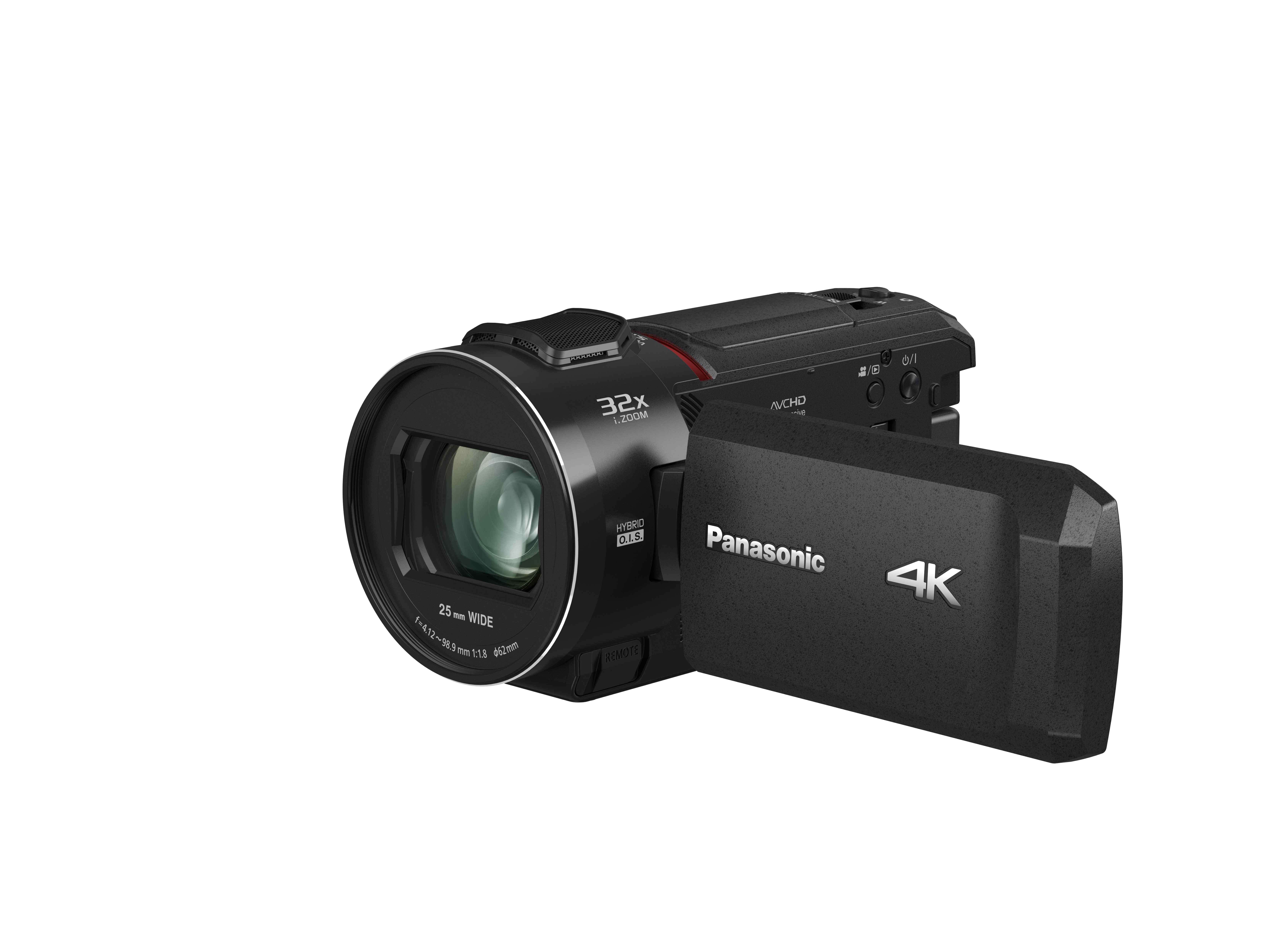 Schwarze Panasonic 4K Camcorder mit 32x Zoomobjektiv und ausklappbarem Bildschirm.