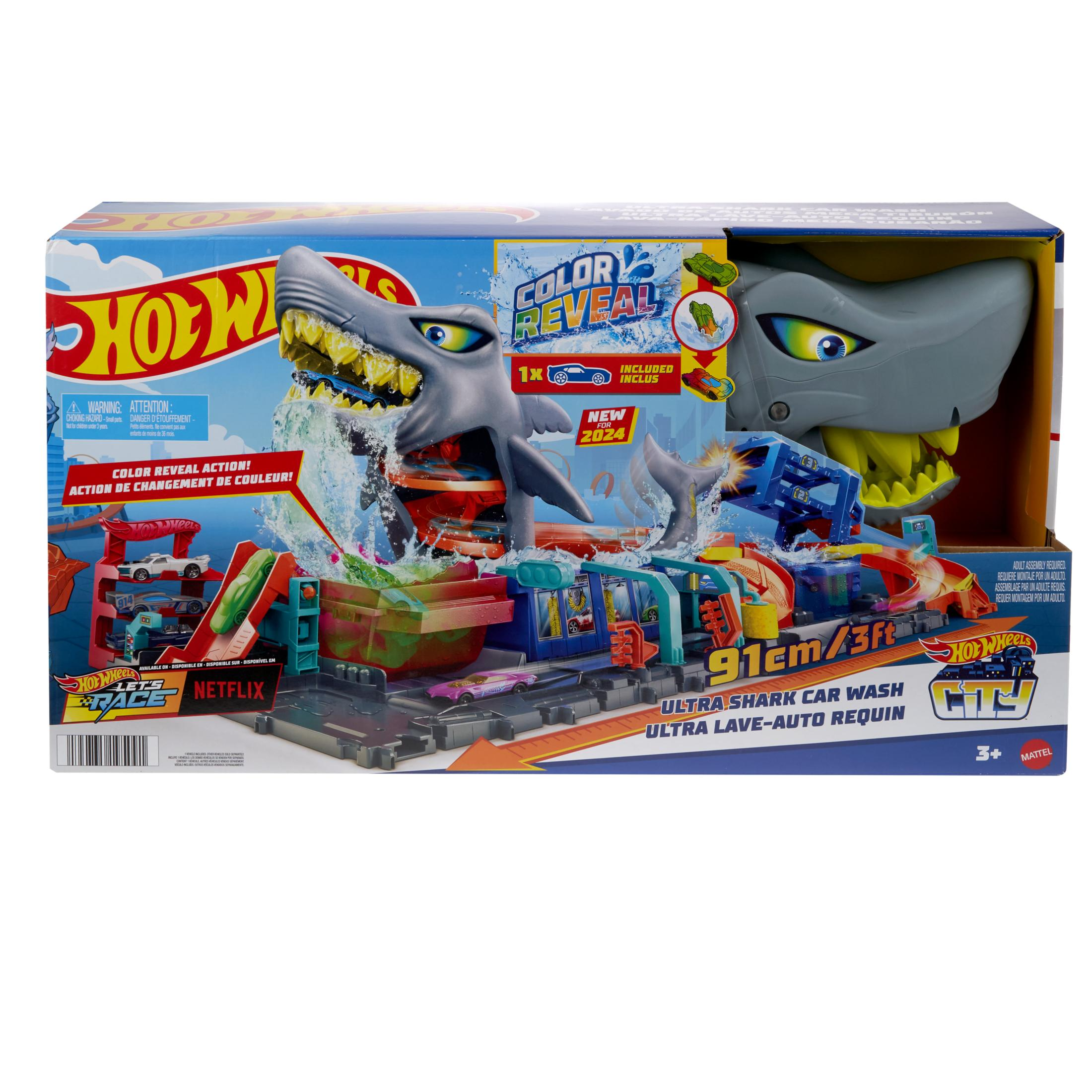 Hot Wheels "Ultra Shark Car Wash" Spielset mit Hai-Design und Autos, 91cm lang.