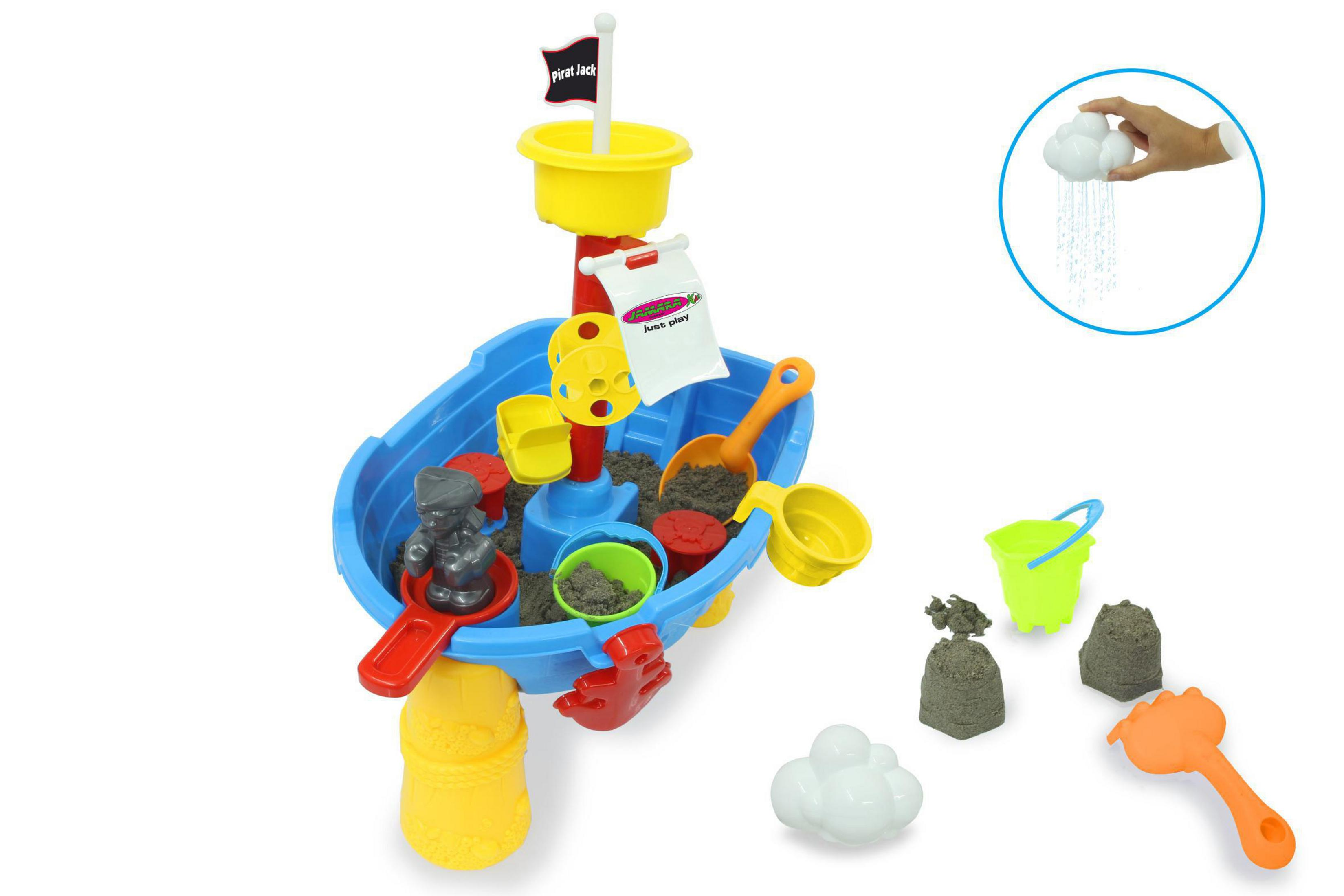 Un juguete de arena de barco pirata con figuras, cubos y palas.