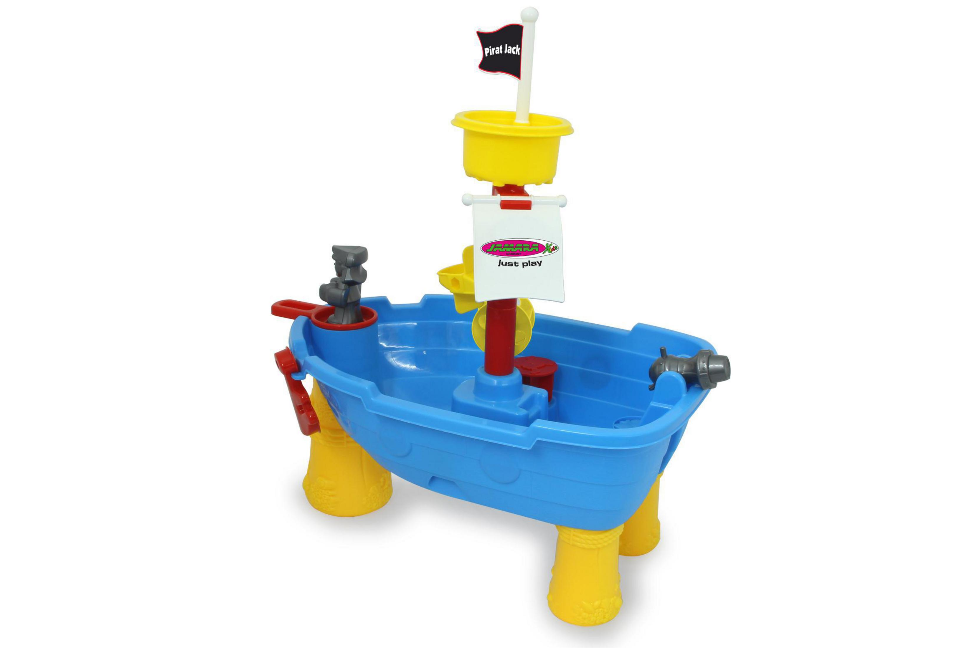 Un barco de juguete azul con patas amarillas, mástil, bandera y estampado.