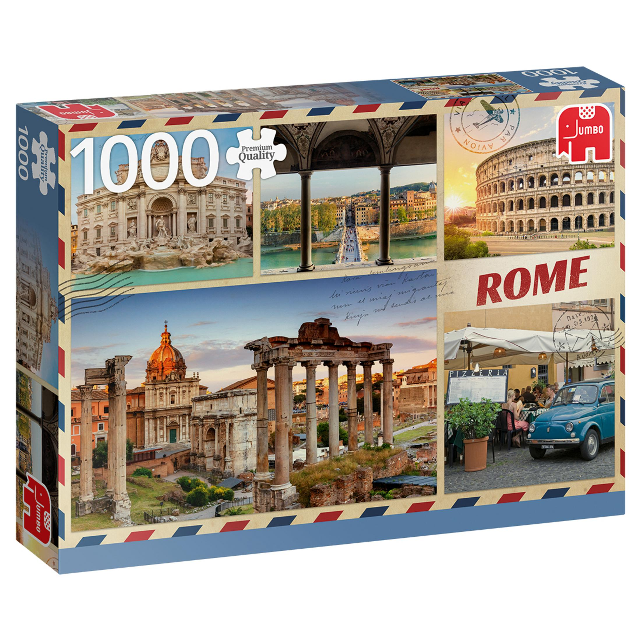 Caja de rompecabezas con escenas de Roma: Coliseo, Fontana di Trevi, Foro Romano, Fiat 500.