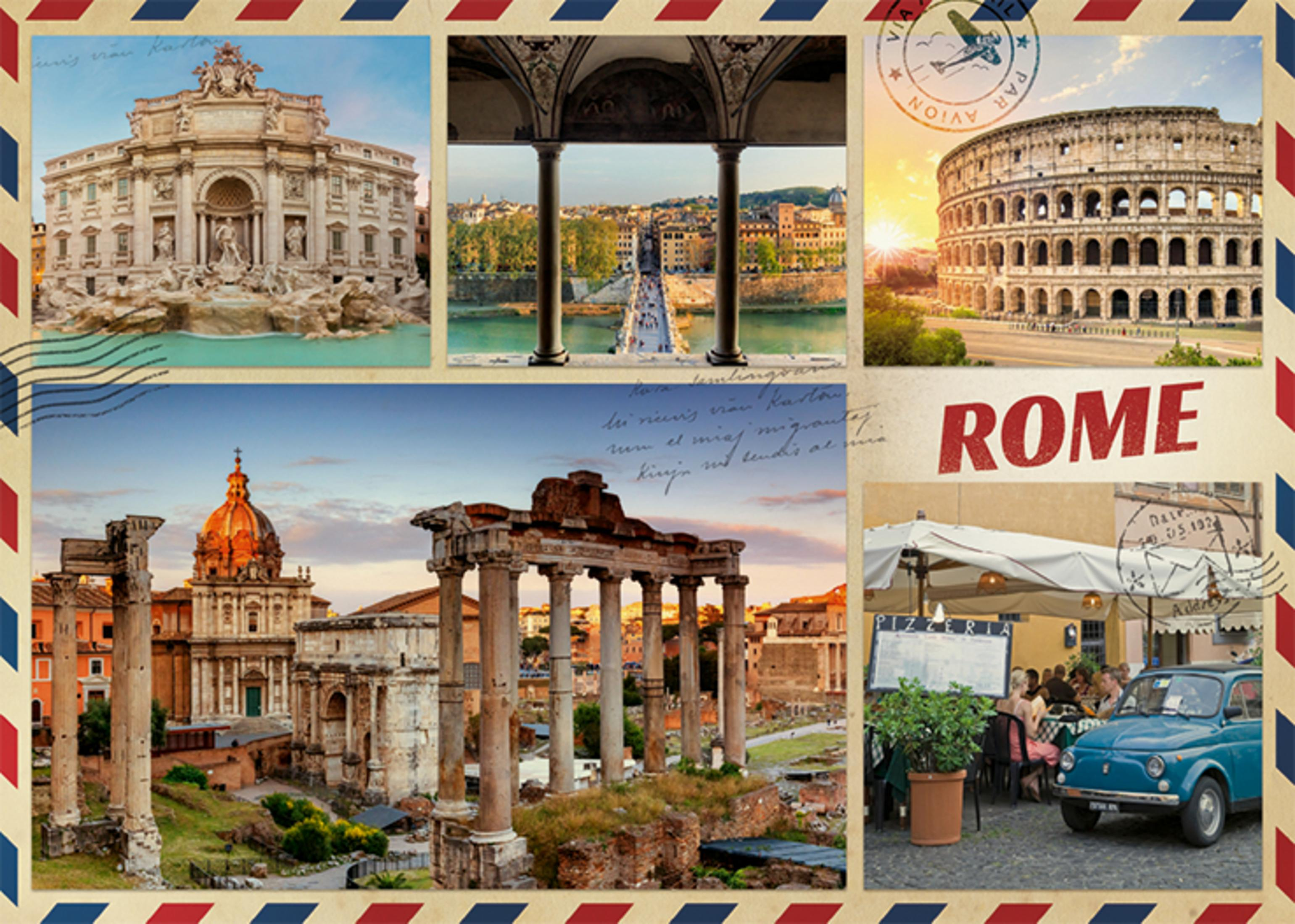 Collage de lugares emblemáticos de Roma: Fontana di Trevi, Coliseo, Foro Romano, puente.