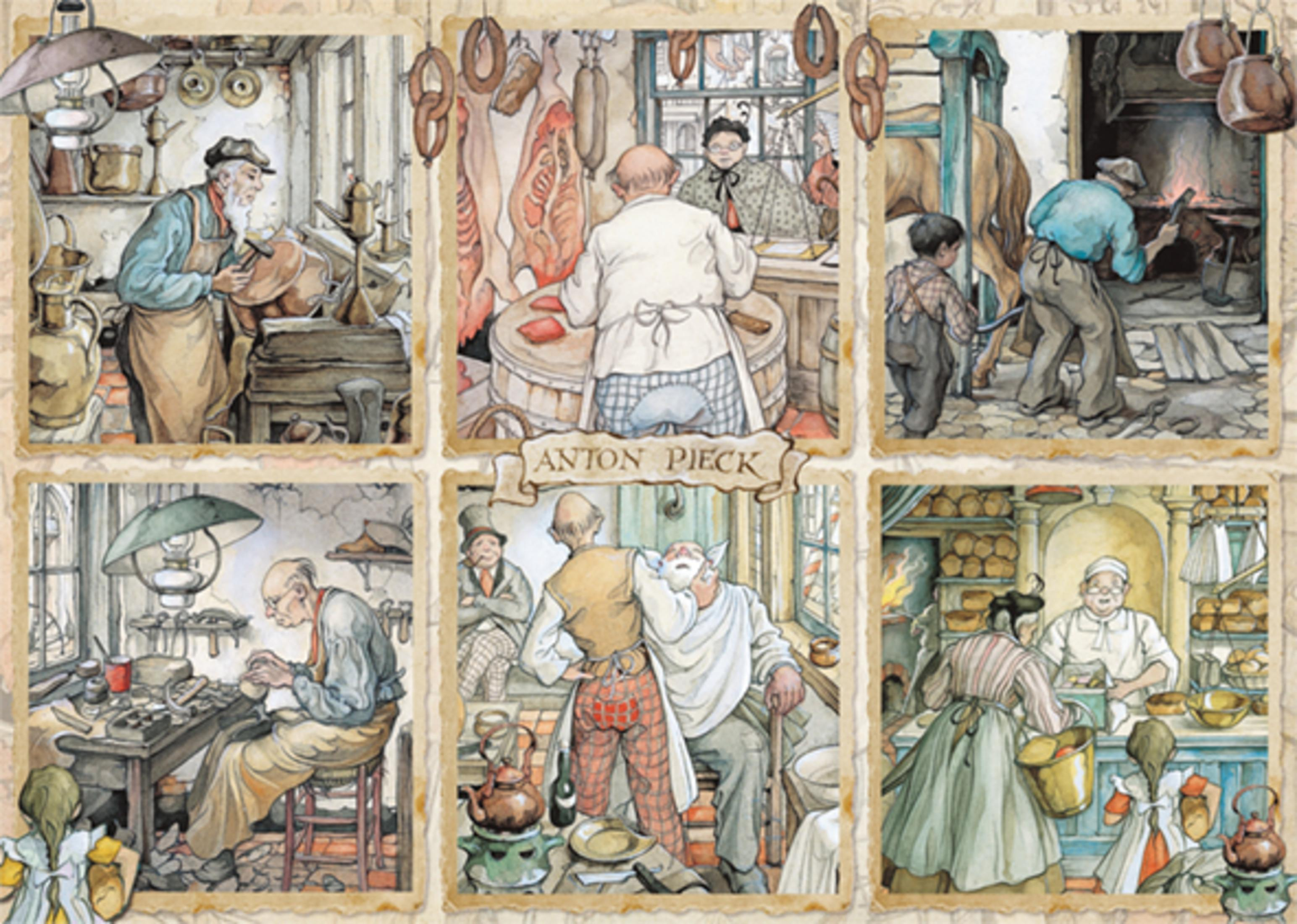 Seis escenas al estilo Anton Pieck: artesanos y comerciantes trabajando.