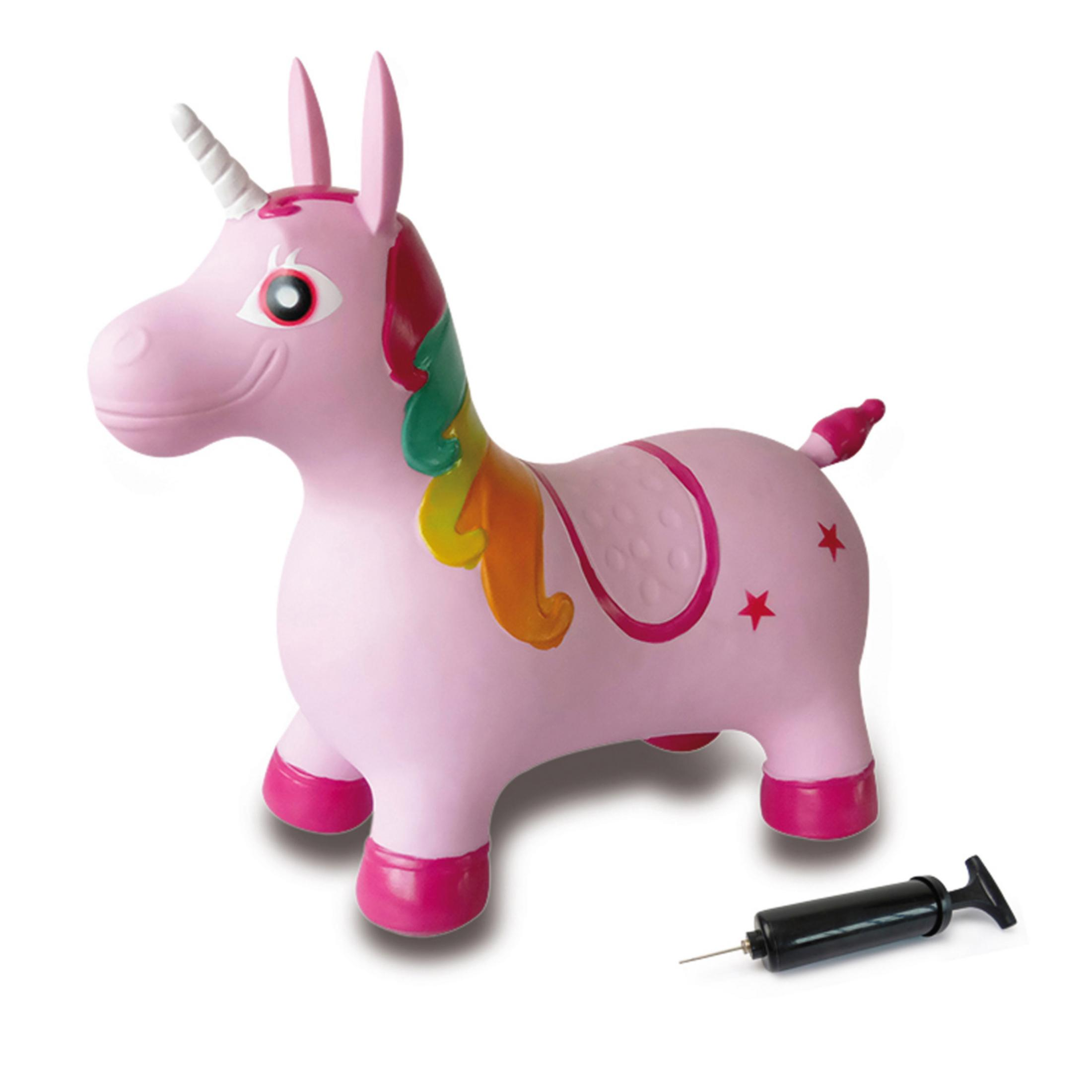 Ein aufblasbares rosa Einhorn mit Regenbogenmähne und roten Sternen. Ein schwarzer Pumpschlauch liegt daneben.