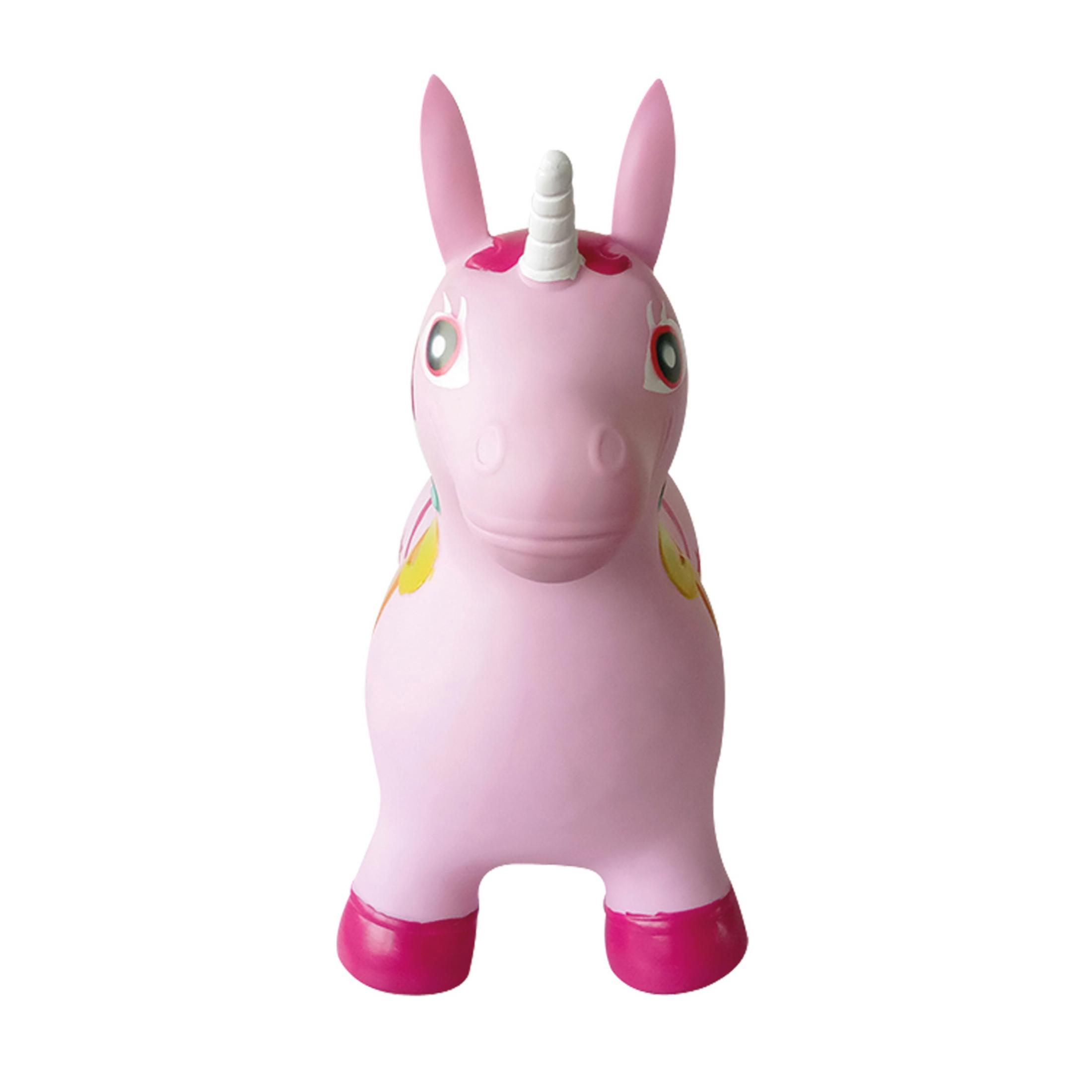 Ein rosafarbener aufblasbarer Einhorn-Hüpfer mit weißen und gelben Akzenten.