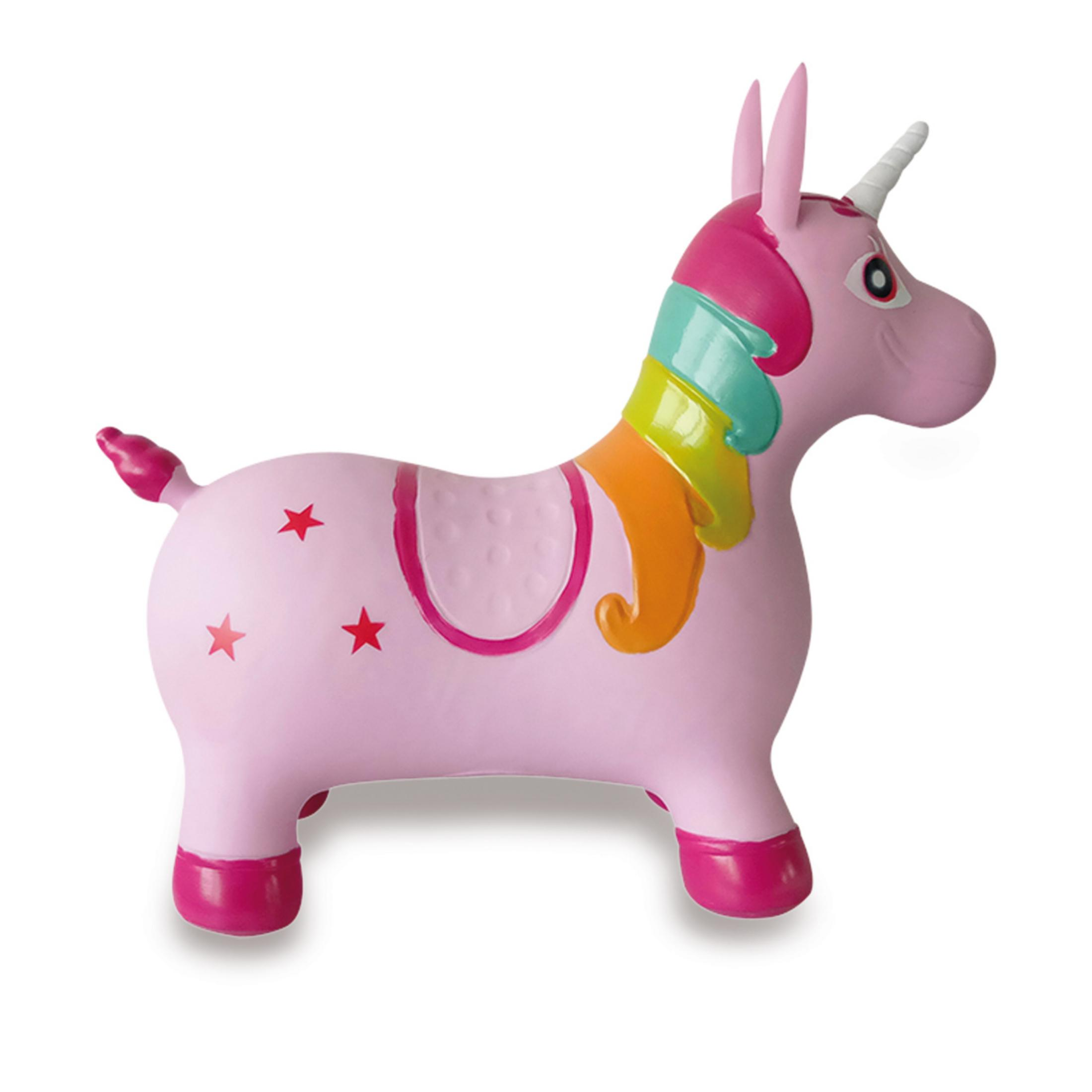 Aufblasbarer pinker Einhorn-Hüpfer mit roten Sternen und bunten Mähnen.