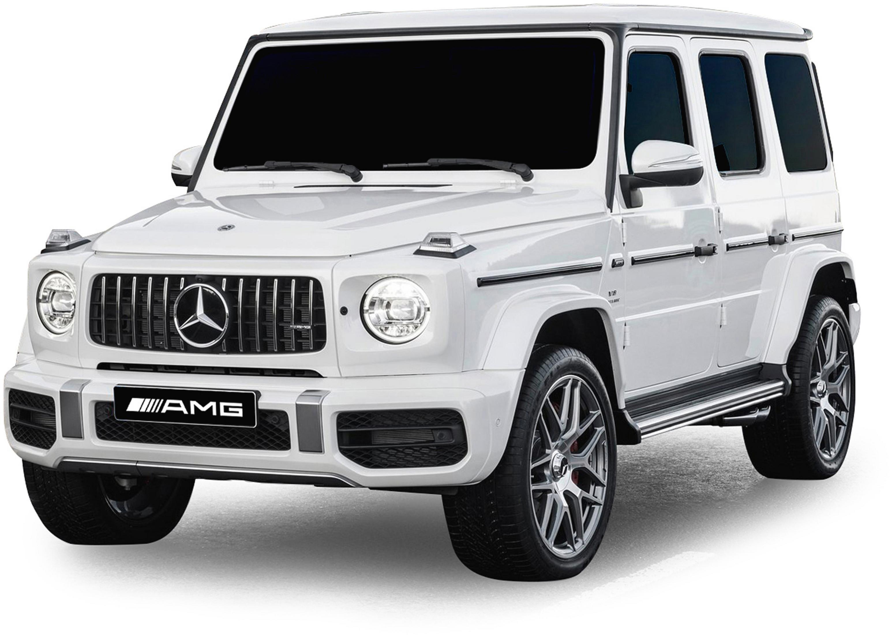 Ein weißer Mercedes-AMG G 63 steht auf einem weißen Hintergrund.