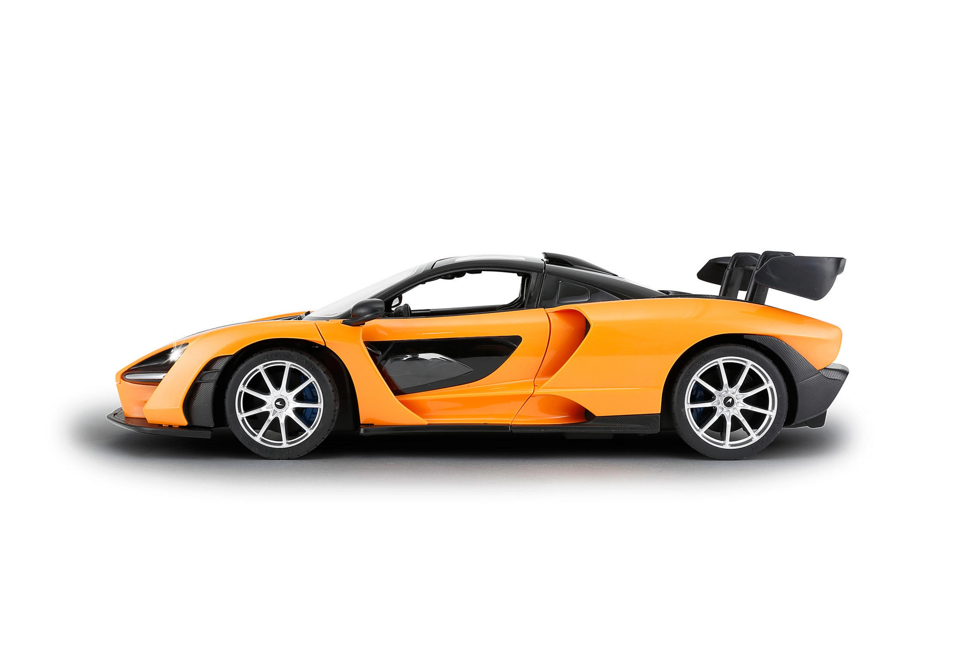 Ein orangefarbener Sportwagen mit schwarzem Dach und Spoiler auf weißem Hintergrund.