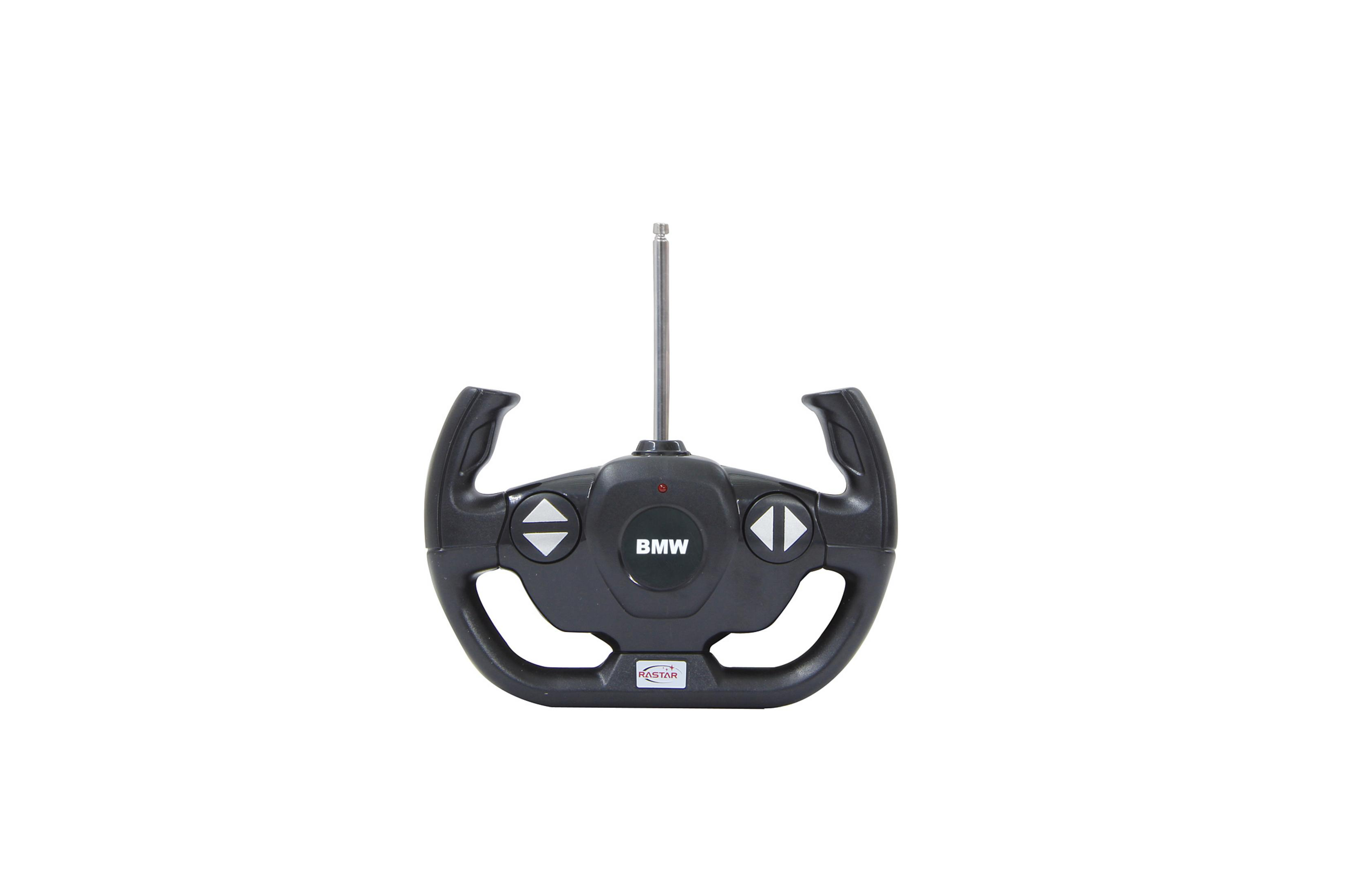 A black BMW remote control toy steering wheel with an extendable antenna.