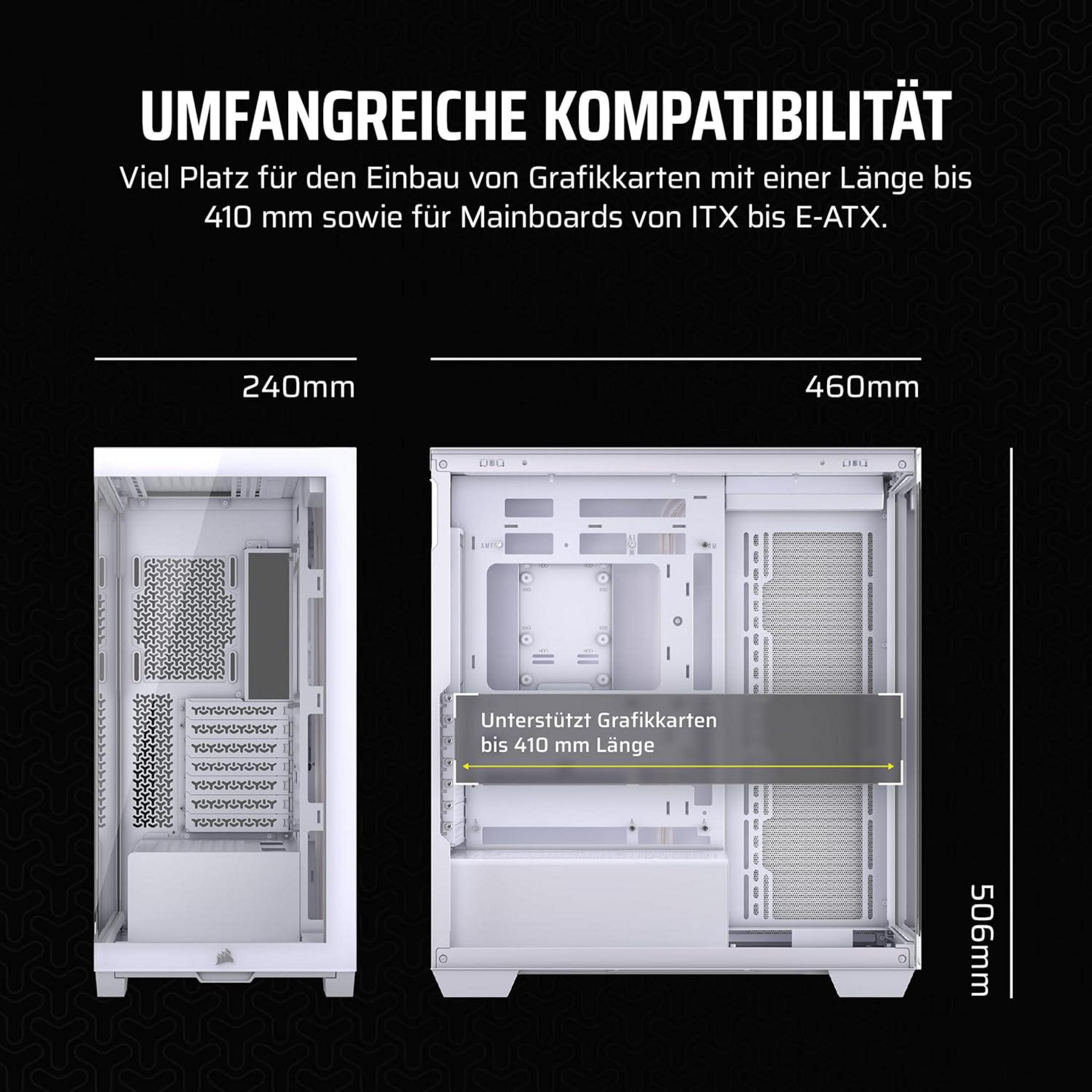 Deux boîtiers PC blancs : un de 240mm de large, l'autre de 460mm de large et 506mm de haut.