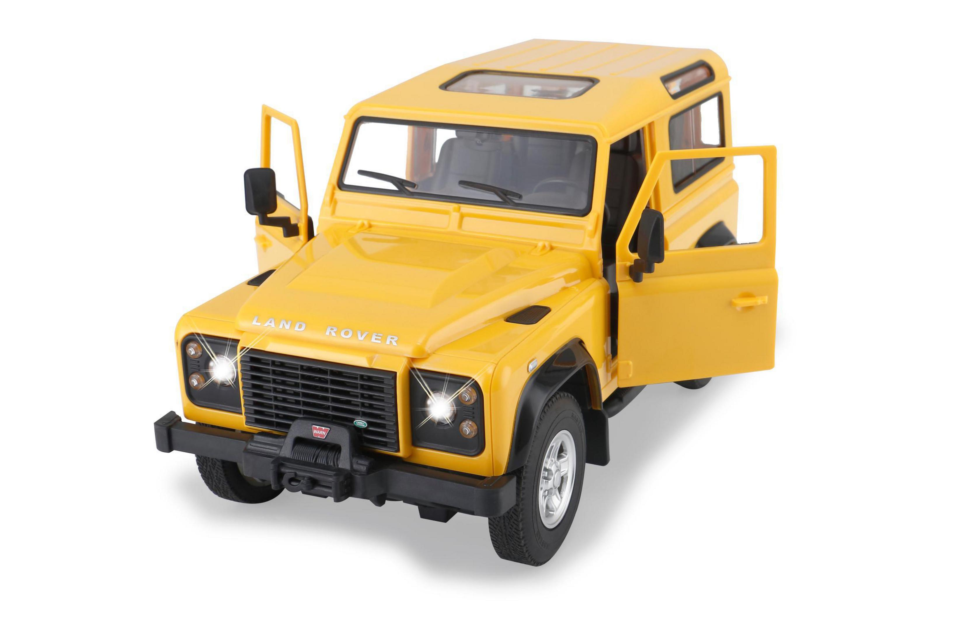 Gelber Land Rover Spielzeugjeep mit offenen Türen und Lichtern.