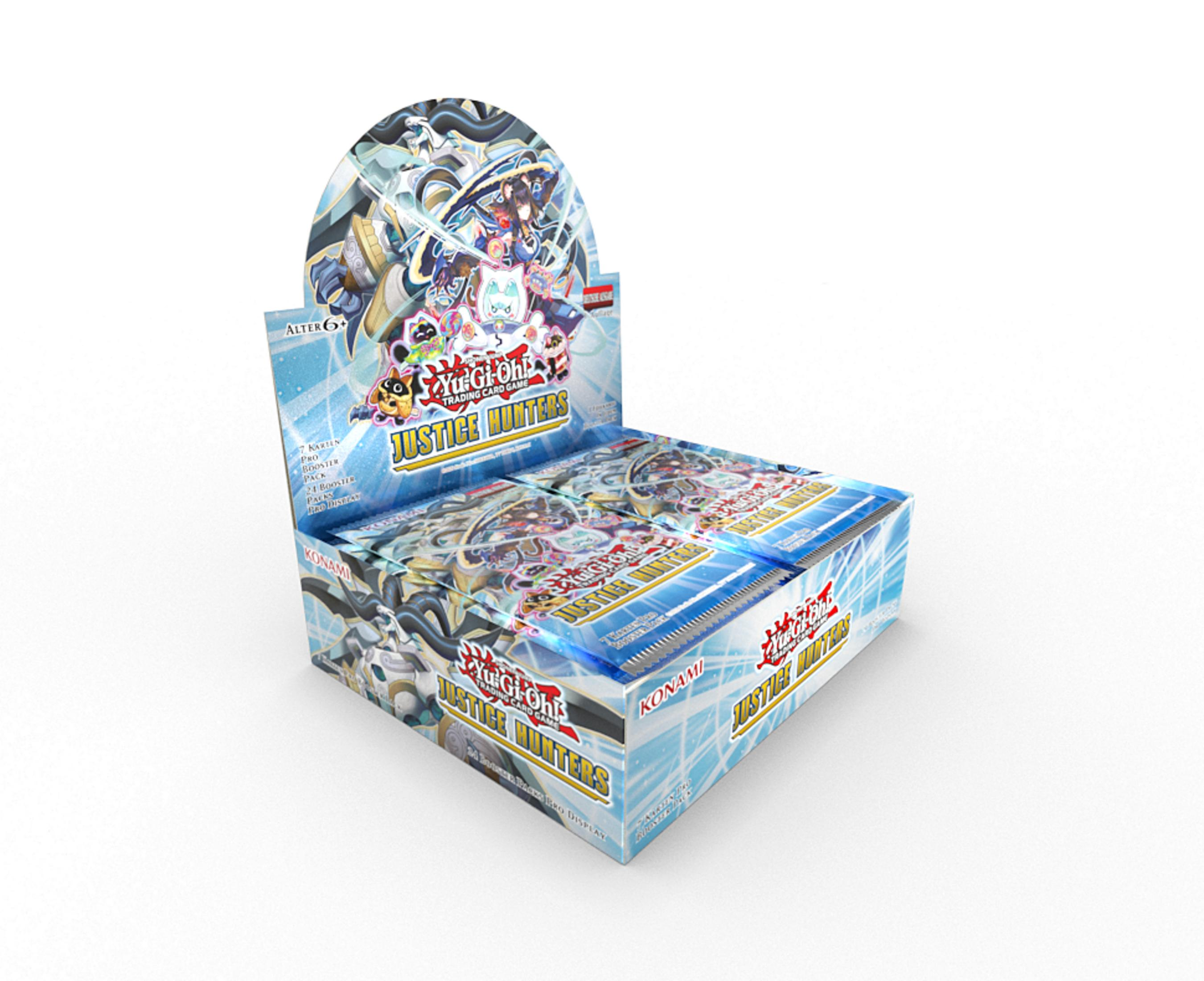 Eine Yu-Gi-Oh! Booster-Display-Box mit dem Titel 'Justice Hunters', aufgestellt.