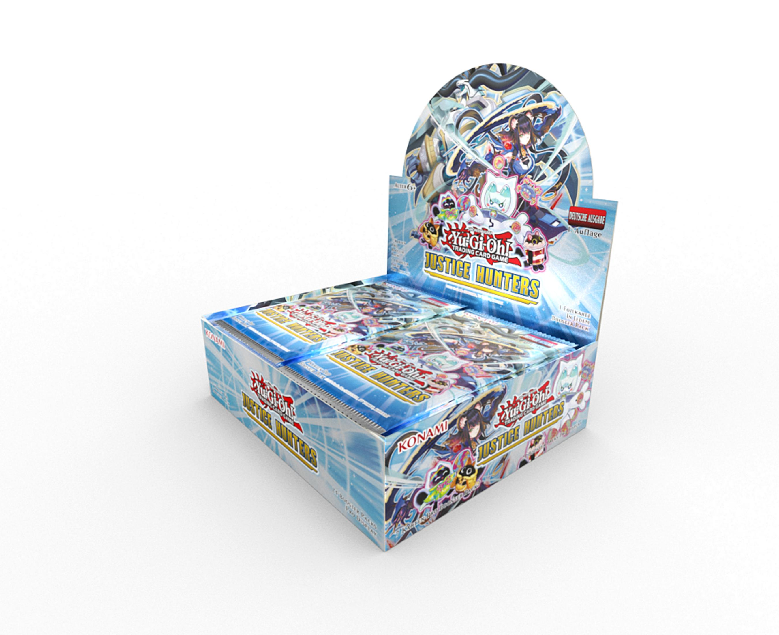 Eine Box mit Yu-Gi-Oh! Sammelkarten in der Edition 'Justice Hunters'.