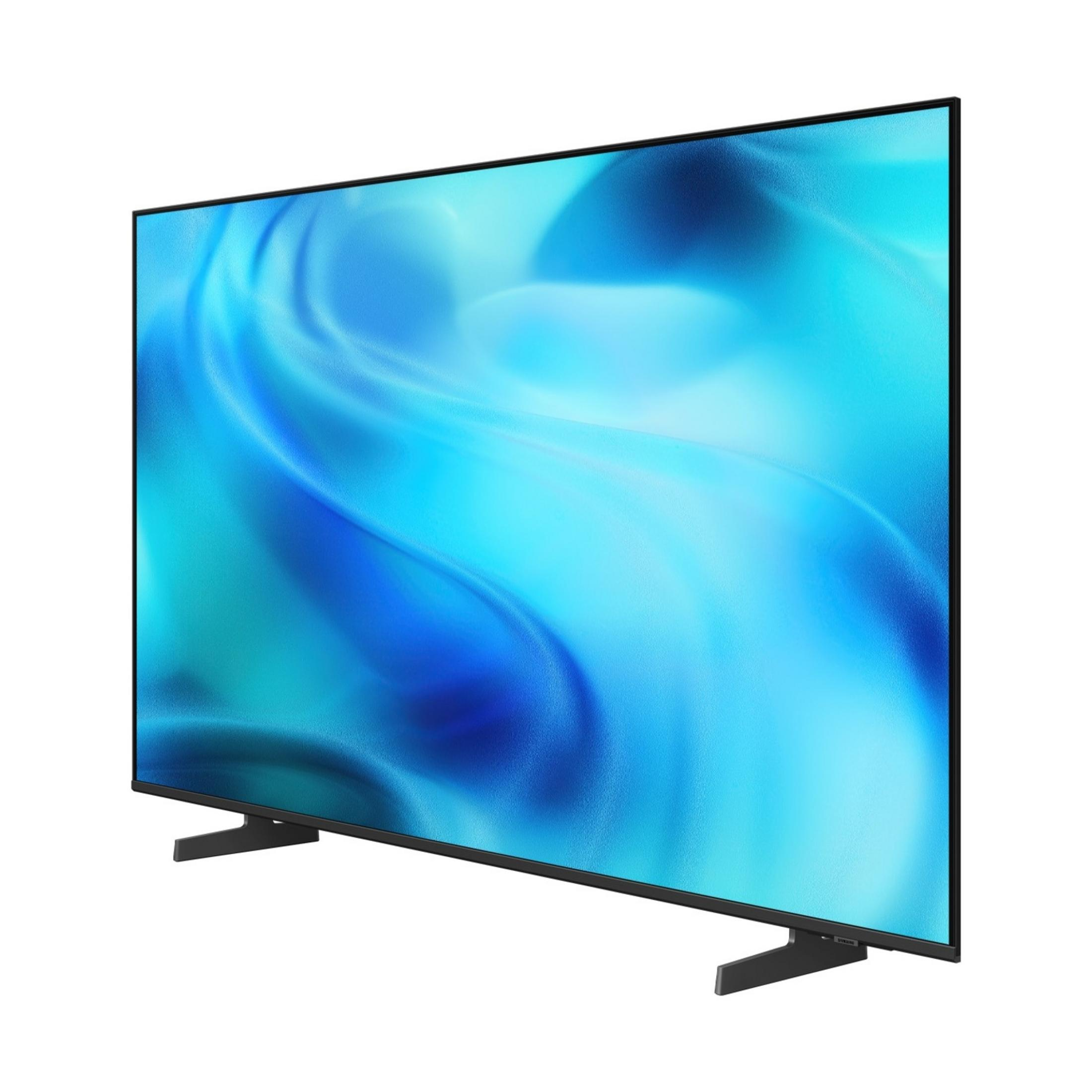 Un televisore moderno con un motivo blu e fluido sullo schermo.