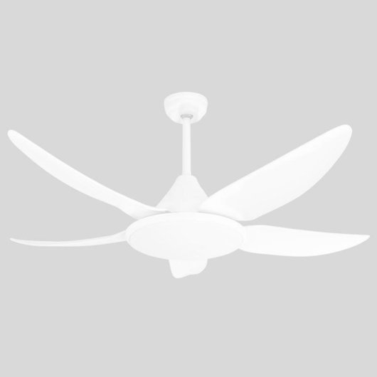Un ventilador de techo blanco con cinco aspas curvas y elegantes sobre fondo gris.
